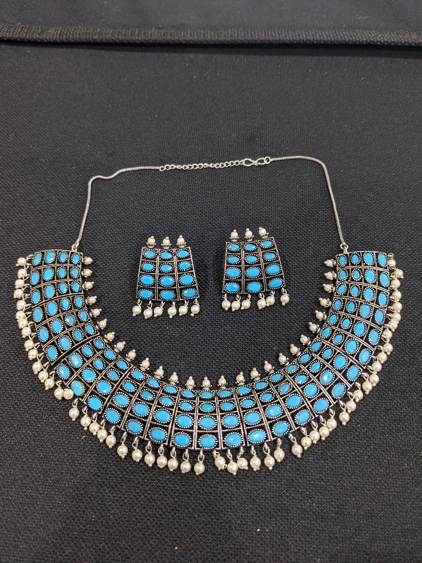 Four oval line Oxidized silver Choker Necklace and Earrings set