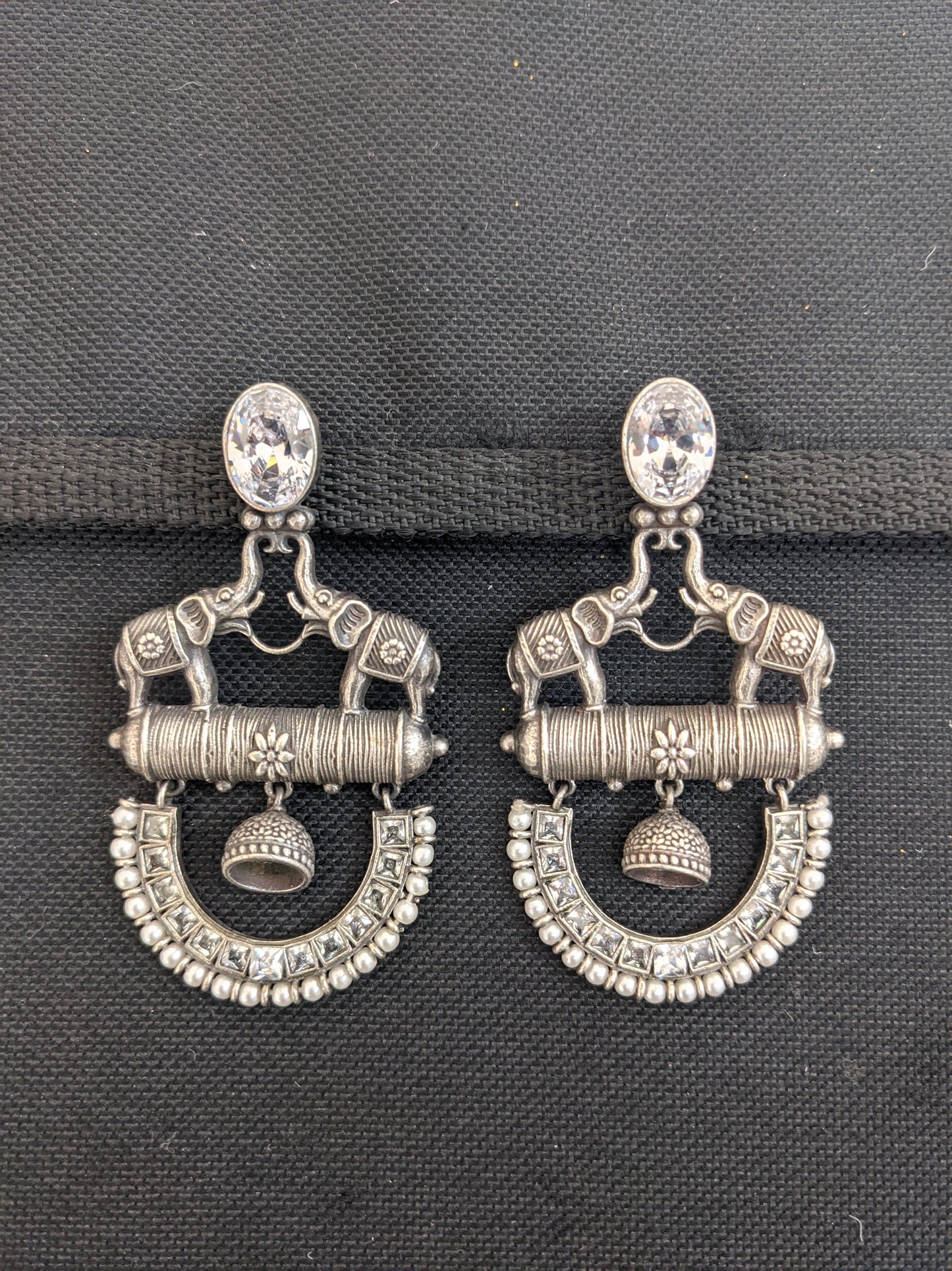 Silver look alike oxidized dual elephant trendy earrings
