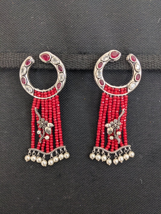 Stylish crystal bead silver oxidized tassel earrings