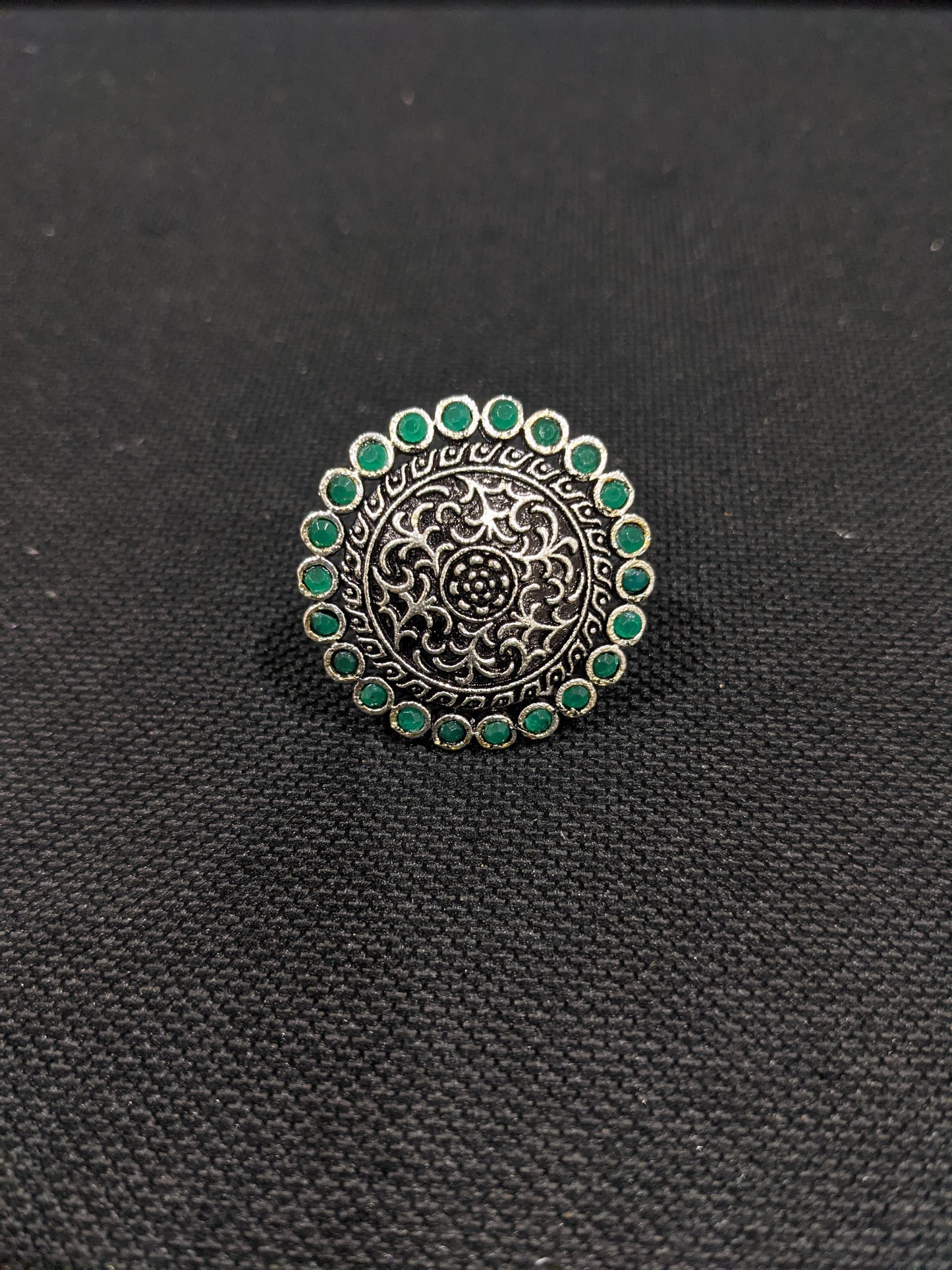 Oxidized silver round polki stone Adjustable Finger ring - Simpliful