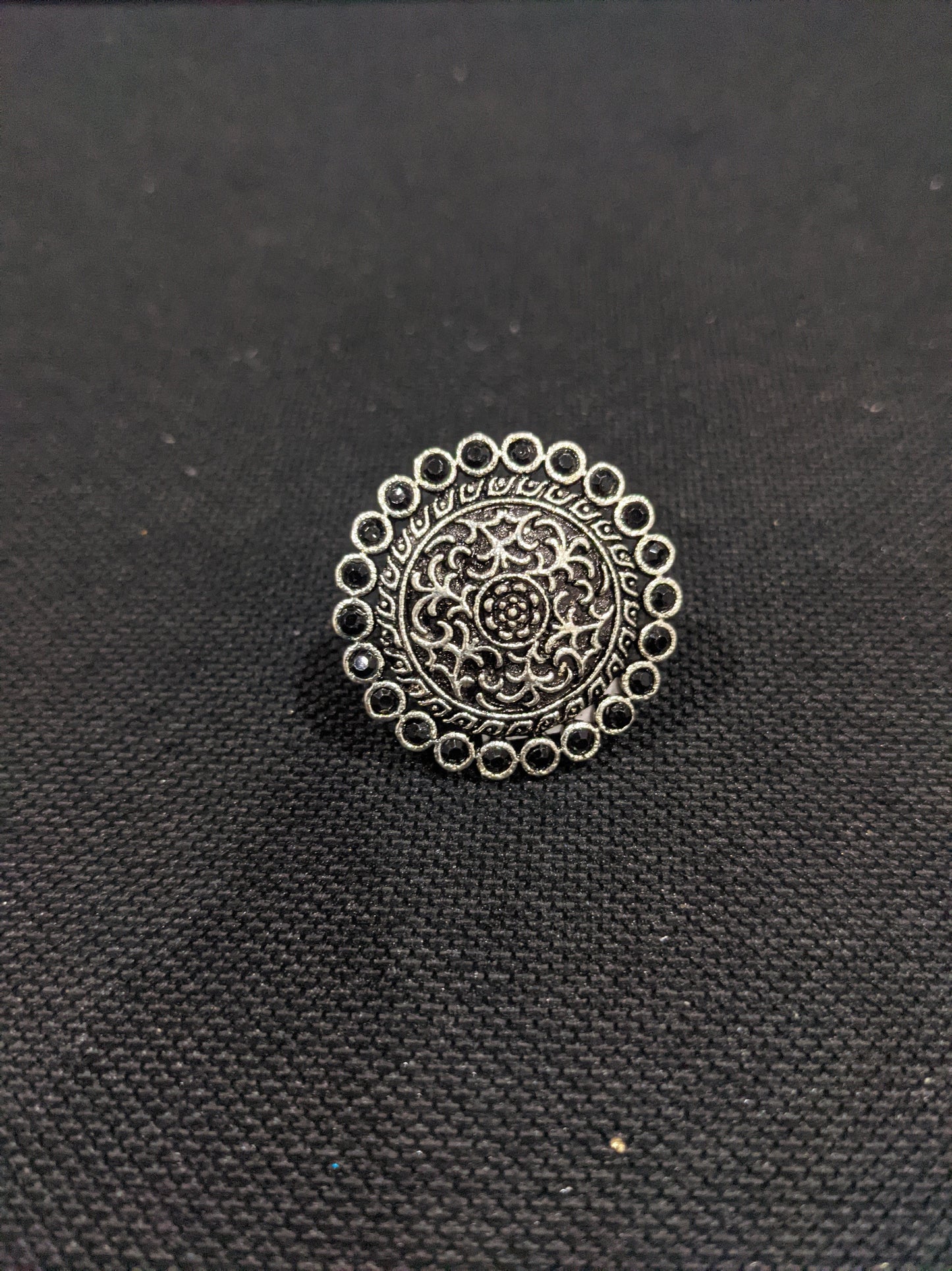 Oxidized silver round polki stone Adjustable Finger ring - Simpliful
