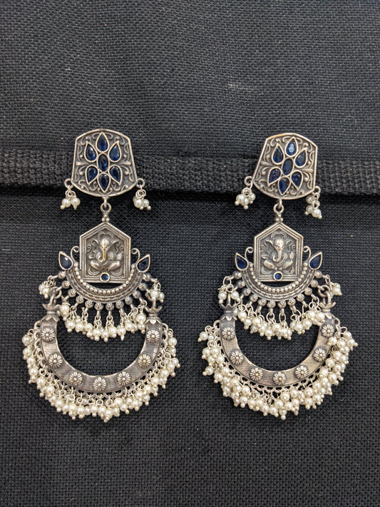 German silver Ganesh ji Chandbali Pearl cluster CZ earrings