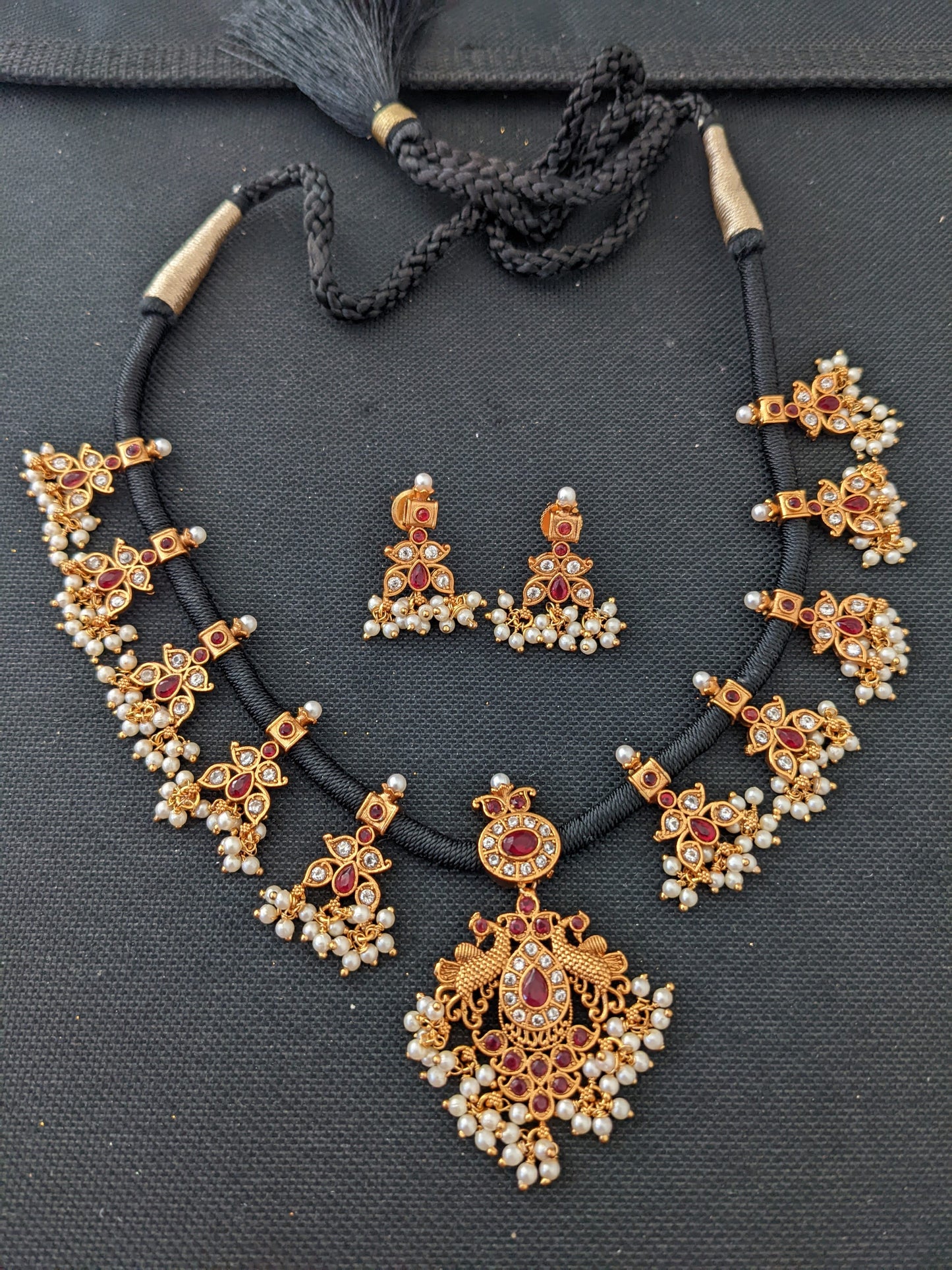 Black dori Peacock Choker Necklace and Earrings set - Design 2