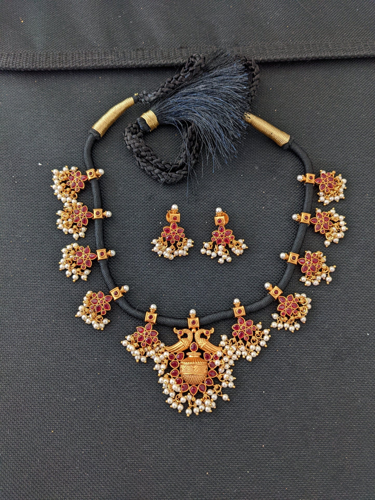 Black dori Peacock Choker Necklace and Earrings set - Design 1