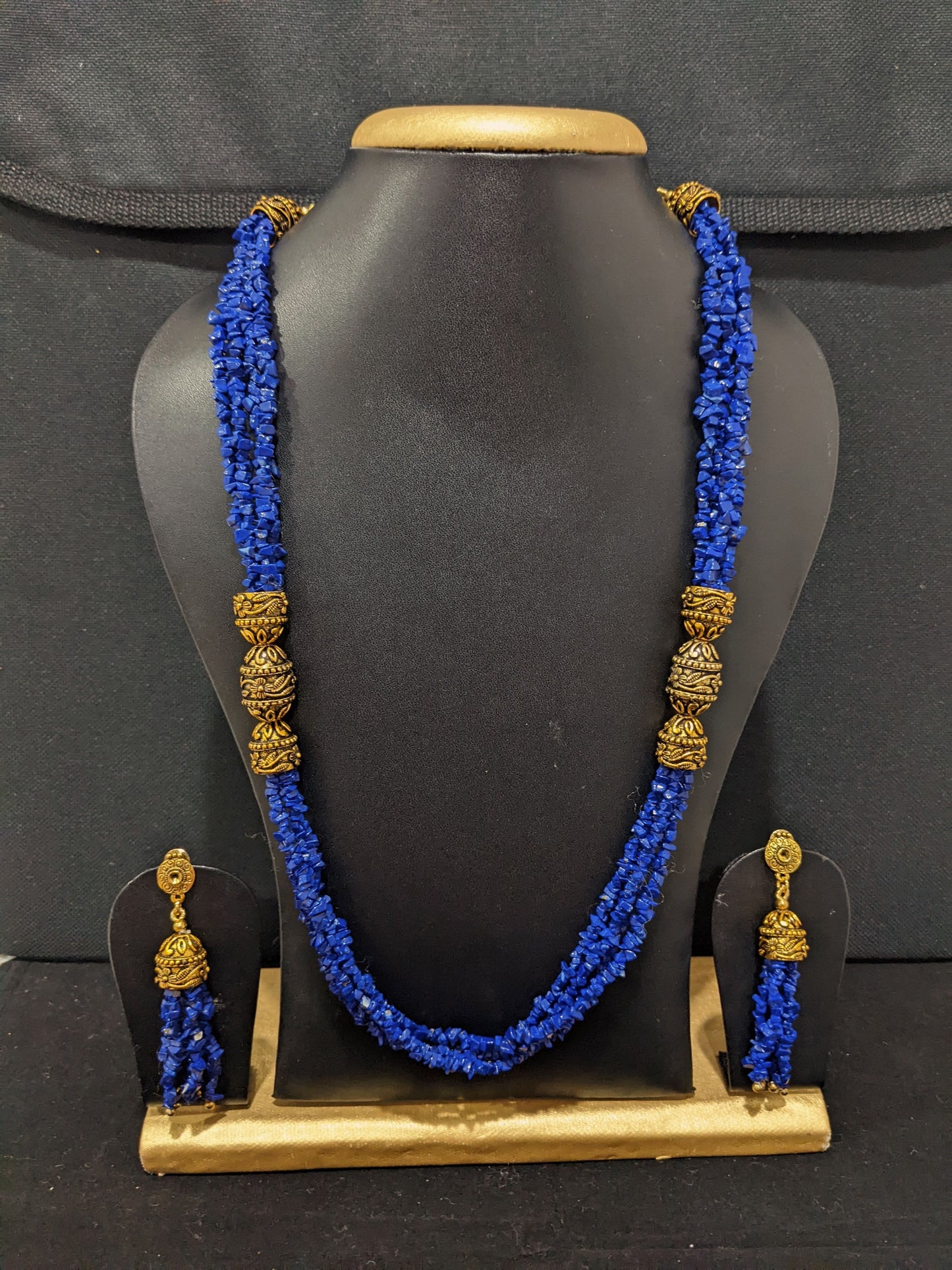 Dark Blue Natural stone Long chain necklace and earrings set