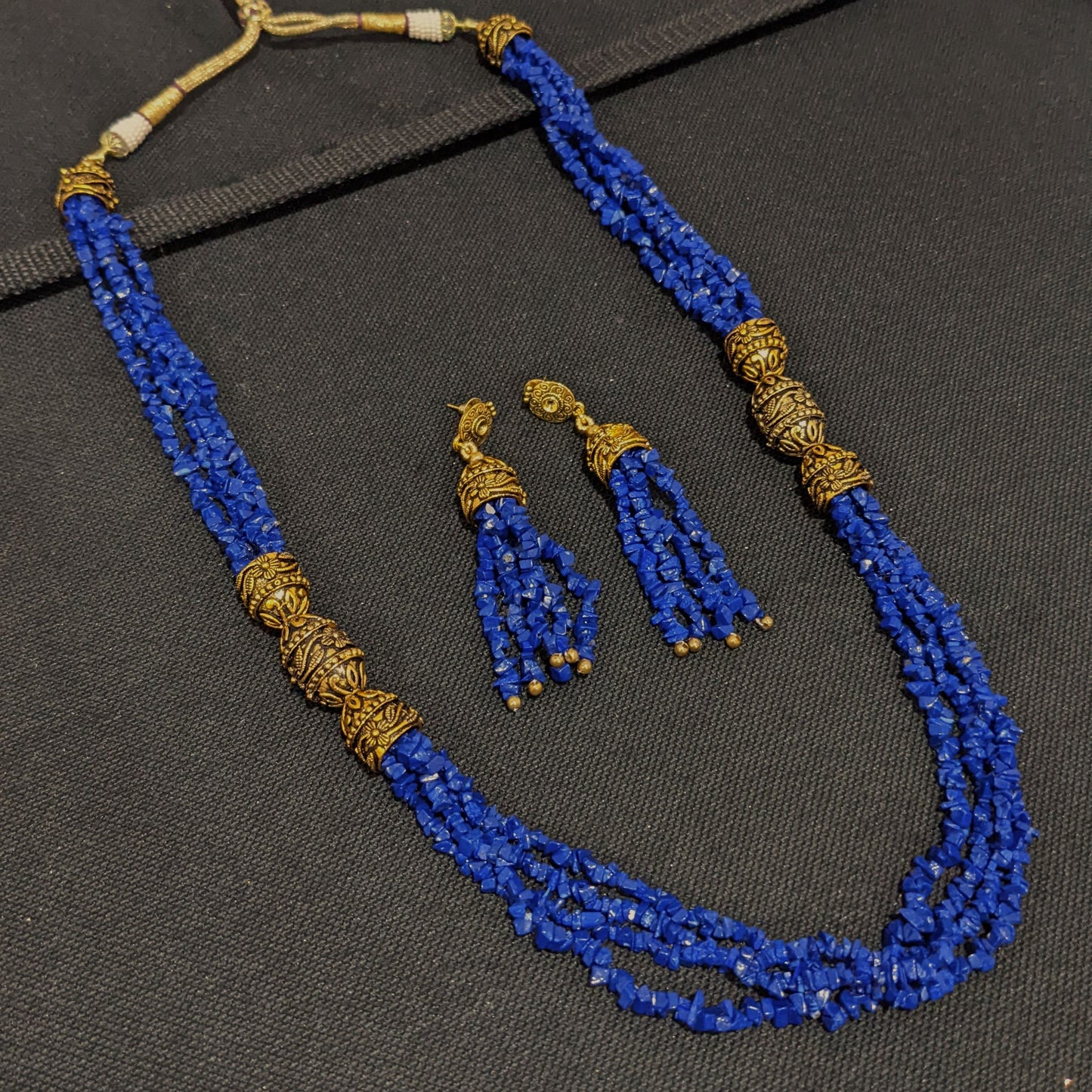 Dark Blue Natural stone Long chain necklace and earrings set