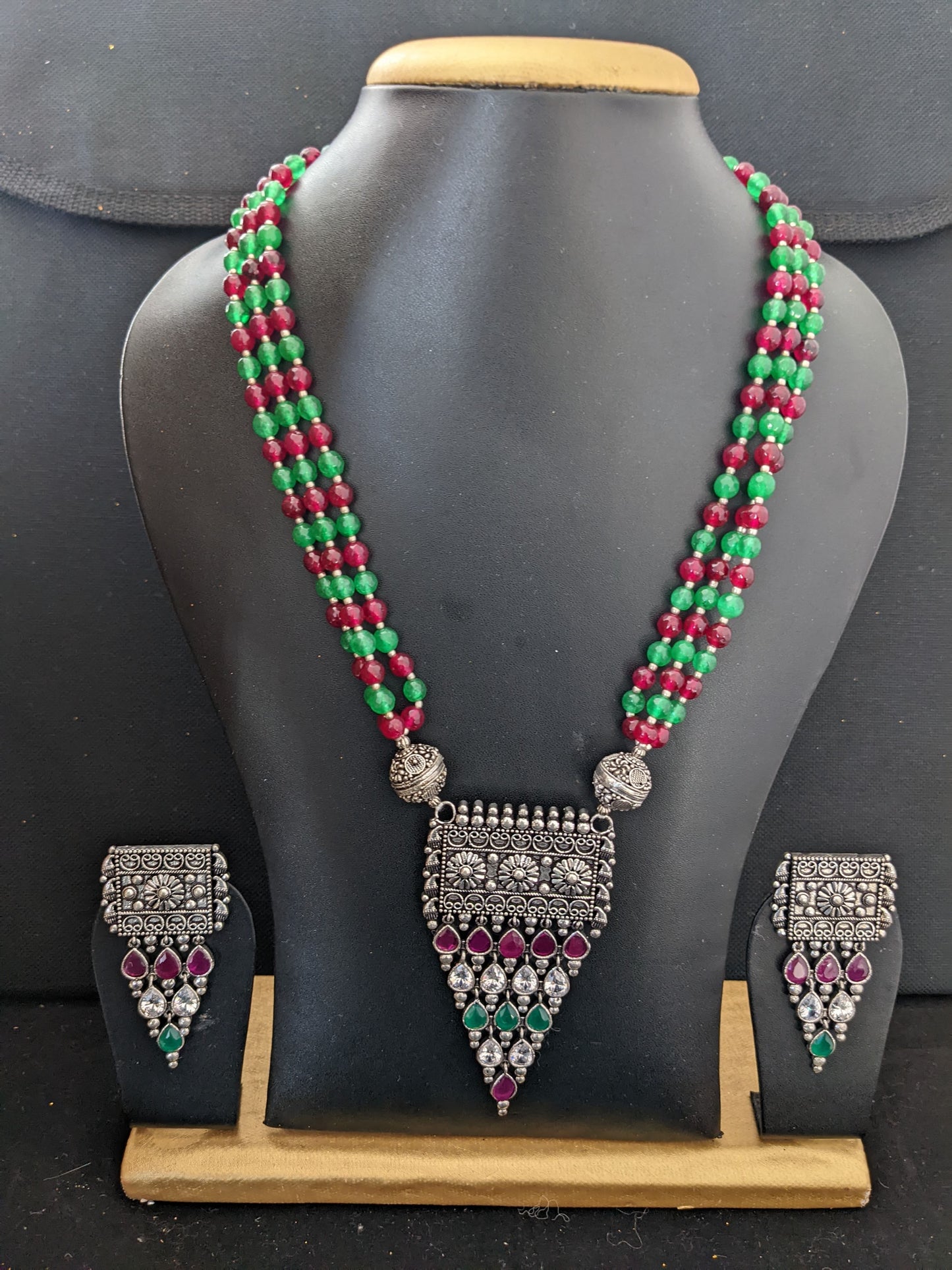 Beaded Necklace Oxidized Silver Pendant and Earrings set