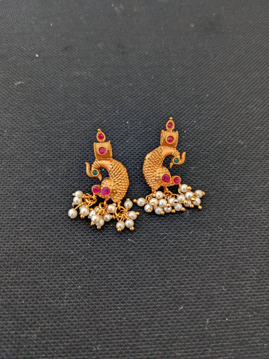 Pearl cluster dangle Orangish Matte Gold Stud Earrings