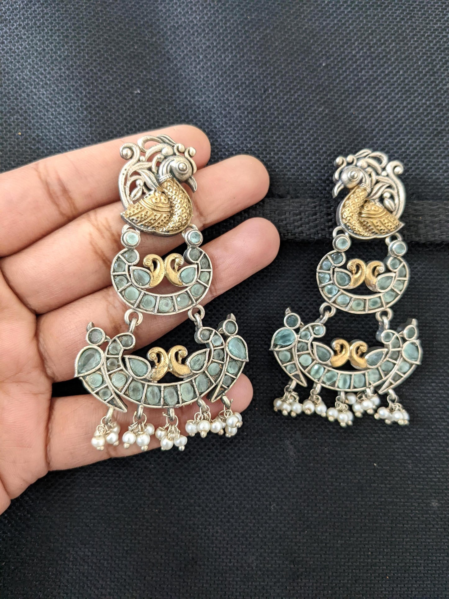German Silver Dual tone Multiple Peacock Earrings
