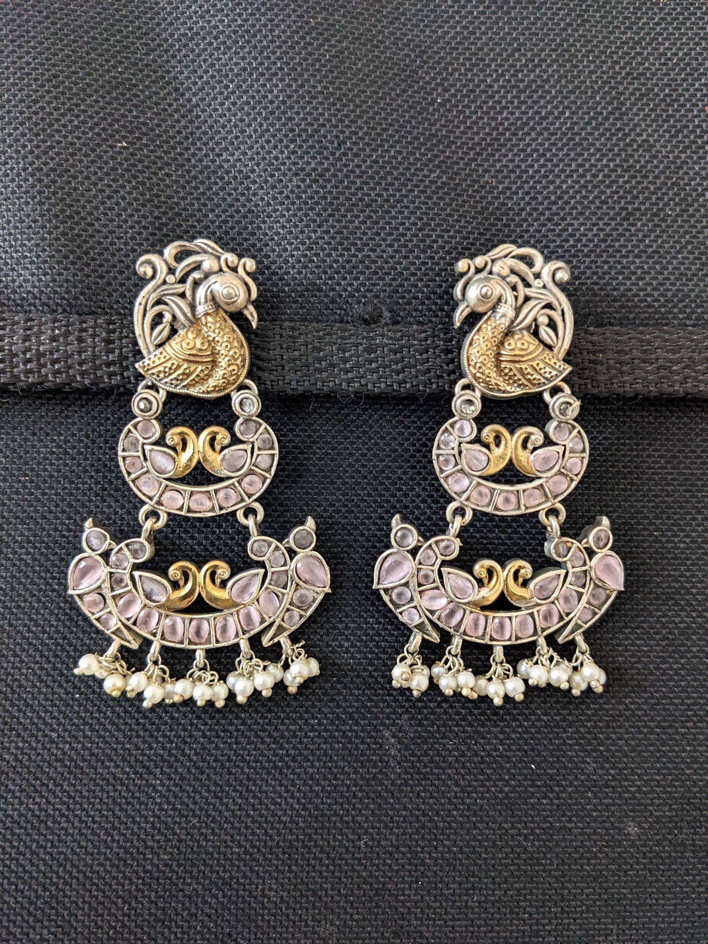 German Silver Dual tone Multiple Peacock Earrings