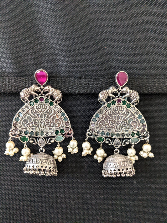 German Silver Elephant design Jhumka Earrings - Simpliful