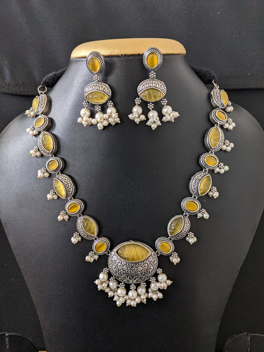 Oxidized Silver Adigai style Carved Resin stone Choker set