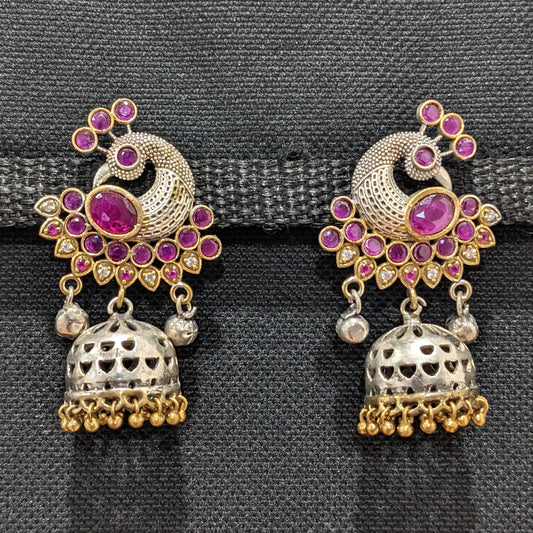 Dancing Peacock dual tone oxidized silver Pink jhumka earrings