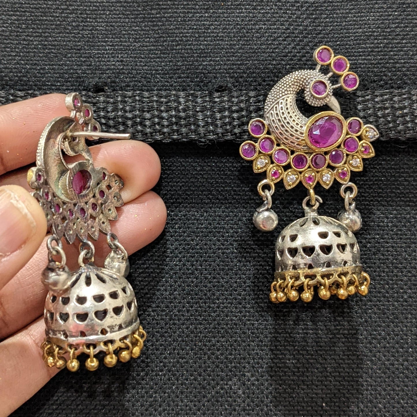 Dancing Peacock dual tone oxidized silver Pink jhumka earrings