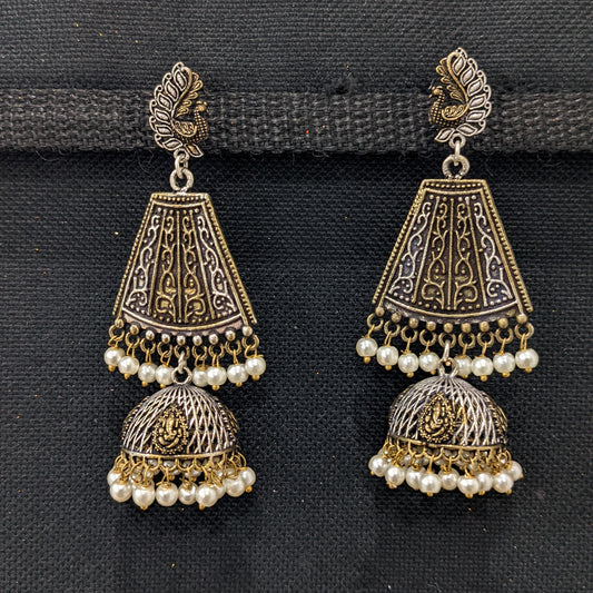 Lord Ganesh Dual tone Oxidized Silver Jhumka Earrings