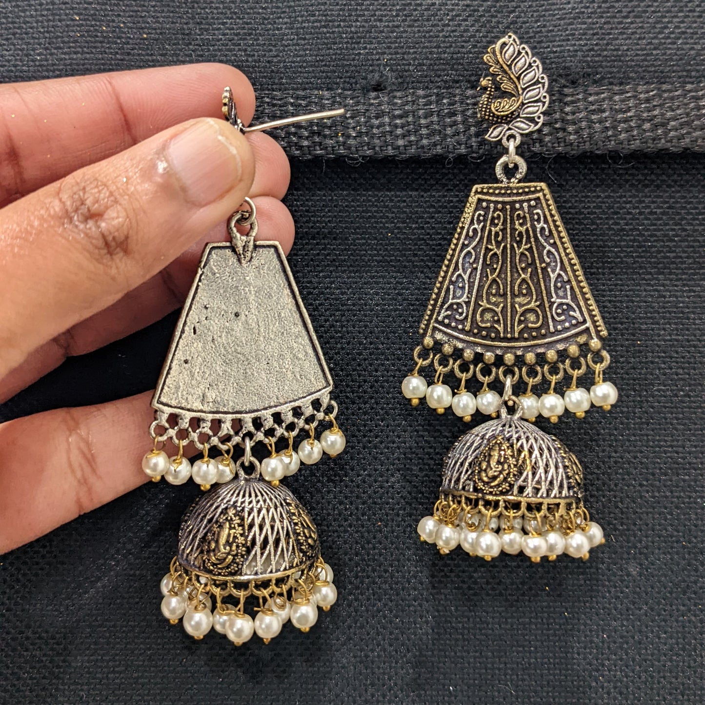 Lord Ganesh Dual tone Oxidized Silver Jhumka Earrings