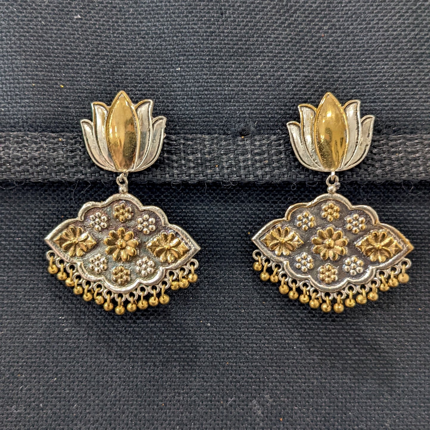 Dual tone oxidized silver Lotus Chandbali earrings