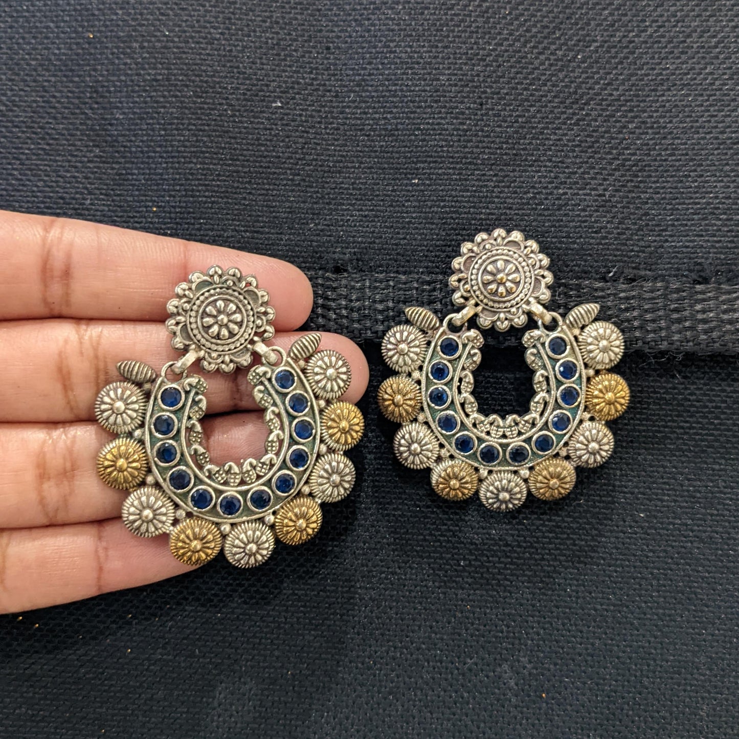 Dual tone oxidized silver Blue CZ earrings