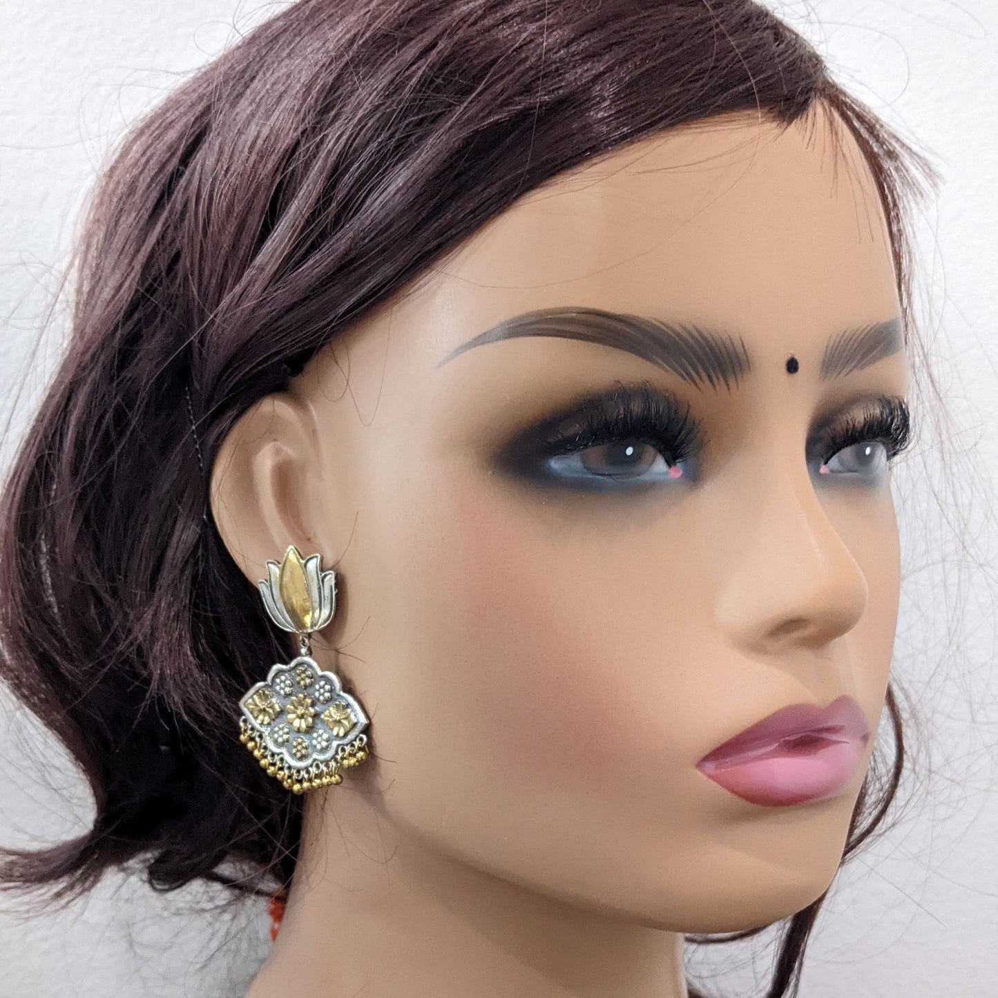 Dual tone oxidized silver Lotus Chandbali earrings