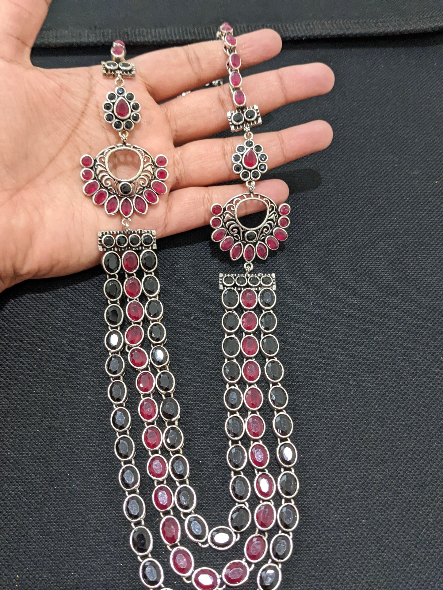 Bold oval CZ stone triple stranded stylish german silver long chain Necklace set - Simpliful