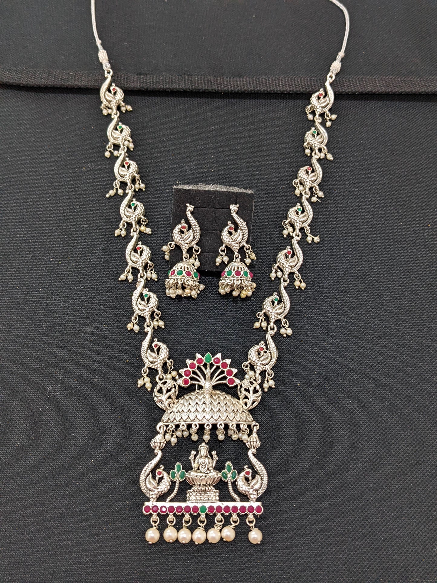 Bright rhodium silver plated Peacock design Long Necklace and Jhumka set