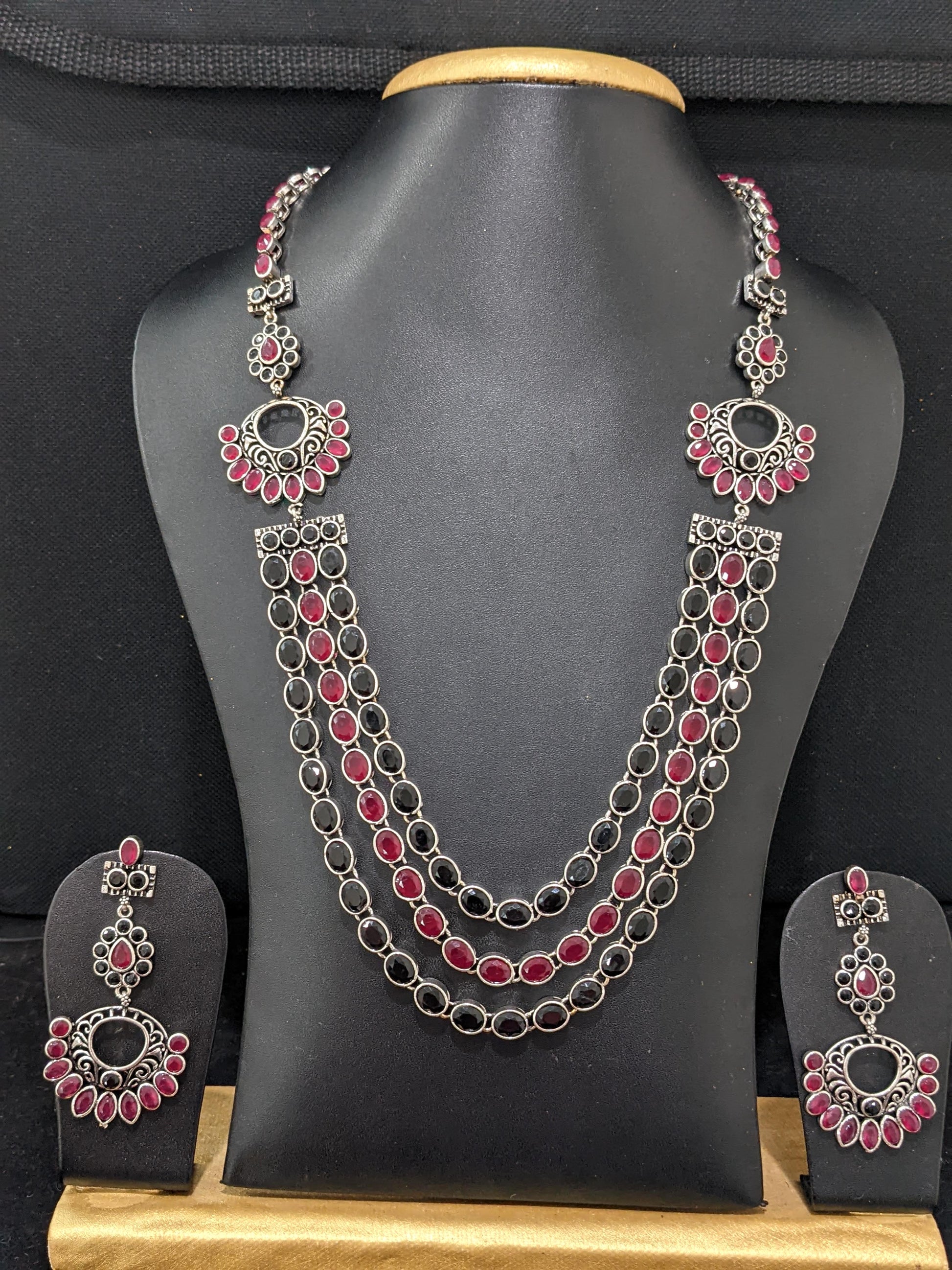 Bold oval CZ stone triple stranded stylish german silver long chain Necklace set - Simpliful