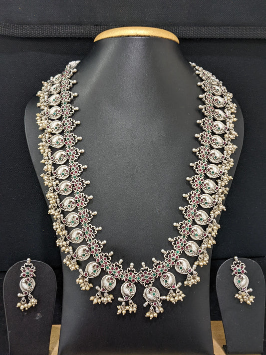 Guttapusalu style Rhodium silver long haram Necklace and stud earrings set - Simpliful