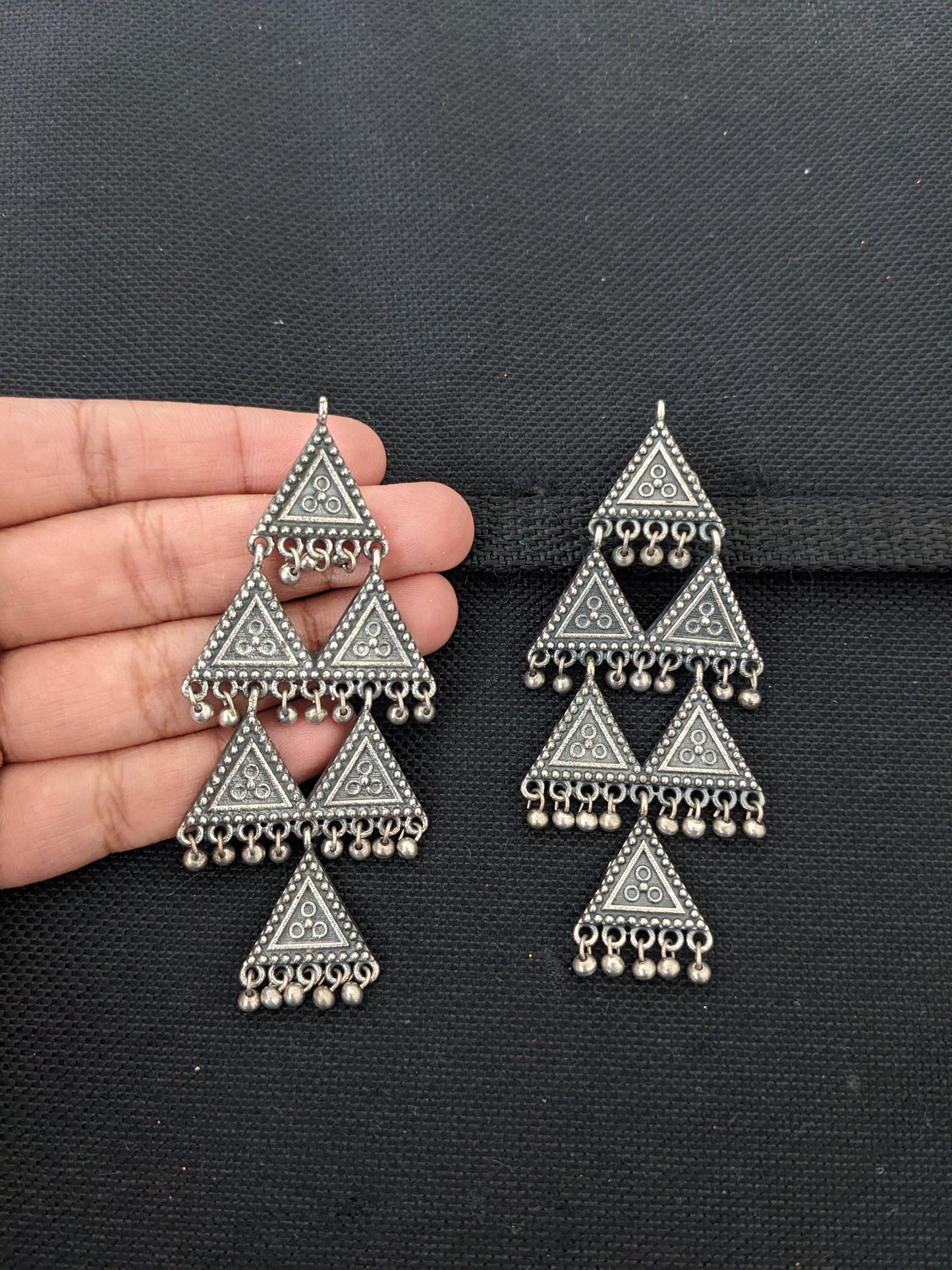 Unique Triangle design Oxidized Silver Long earrings