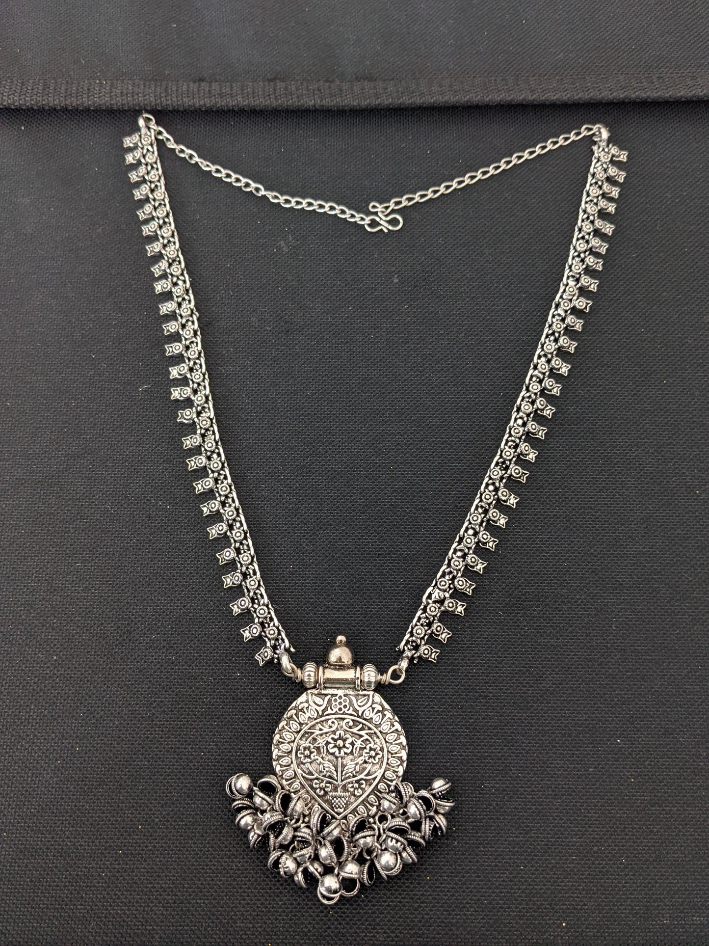 Ghunghru bead dangle Oxidized silver pendant Chain Necklace