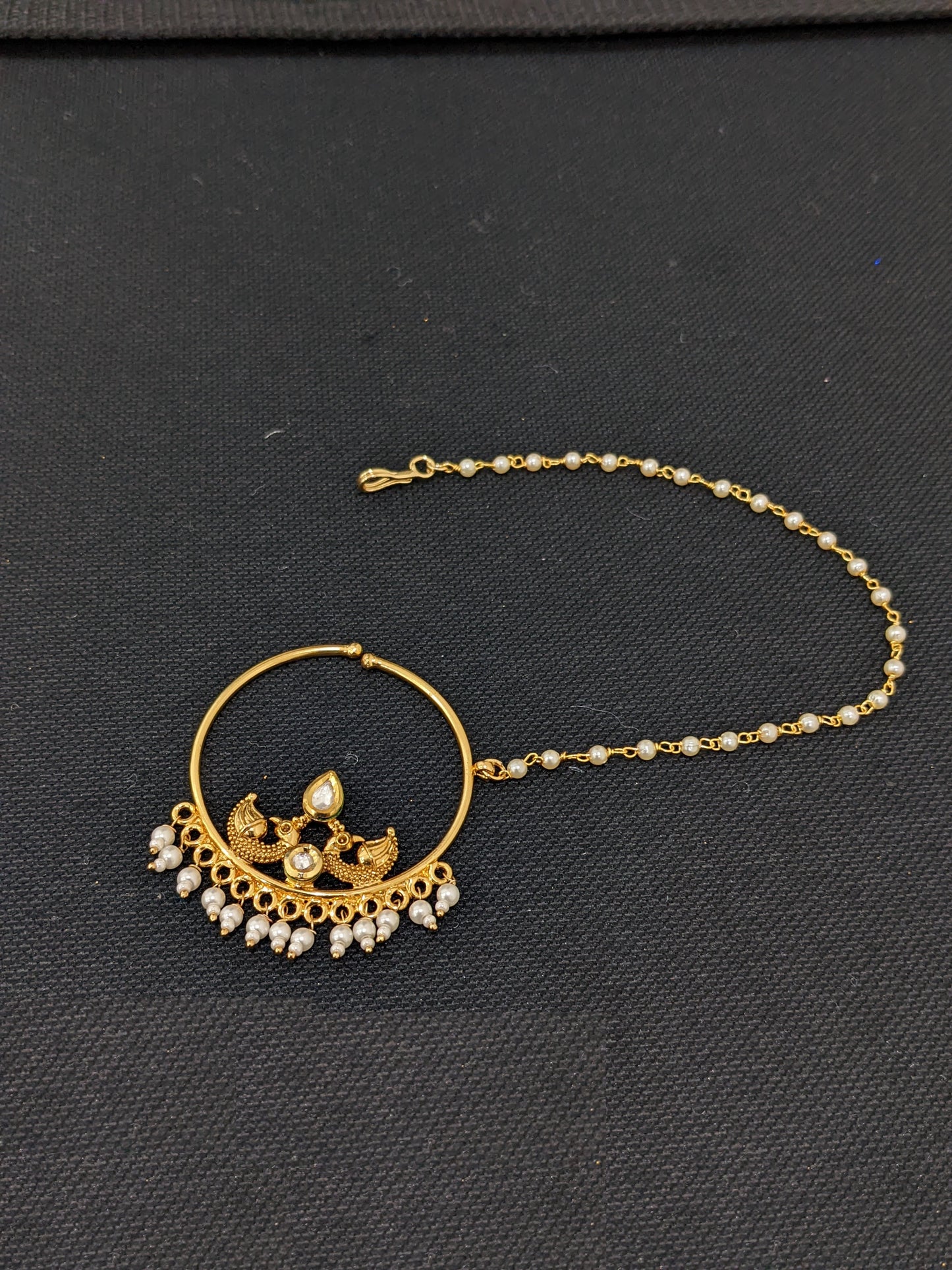XL Size Kundan clip on nose ring with pearl bead chain