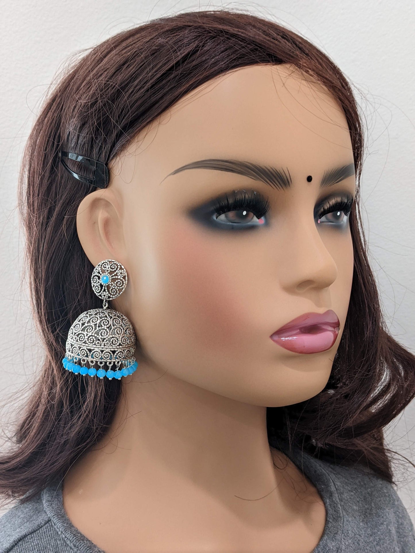 XXL size filigree rhodium silver jhumka earrings