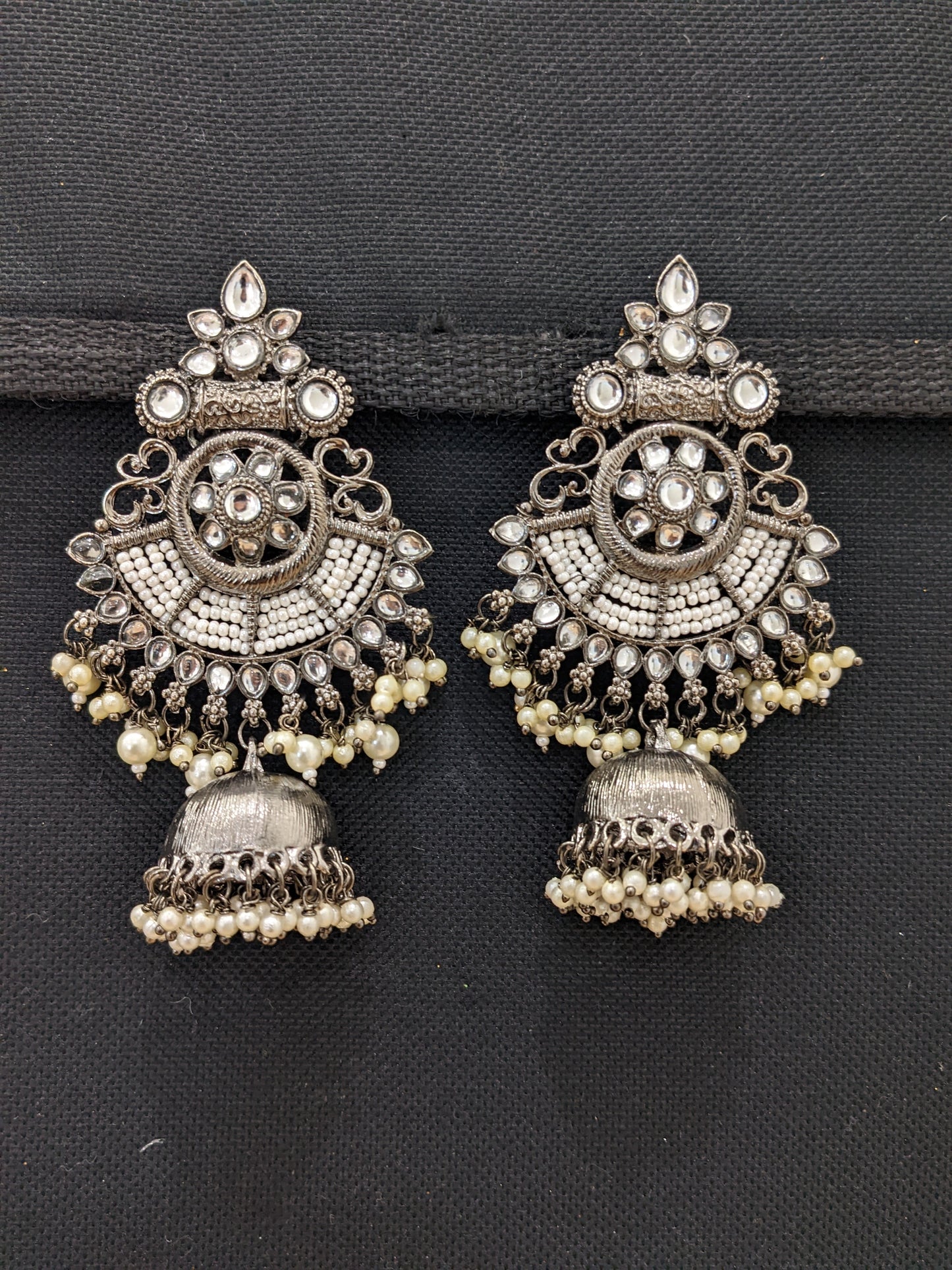 Black rhodium plated XL size jhumka earrings