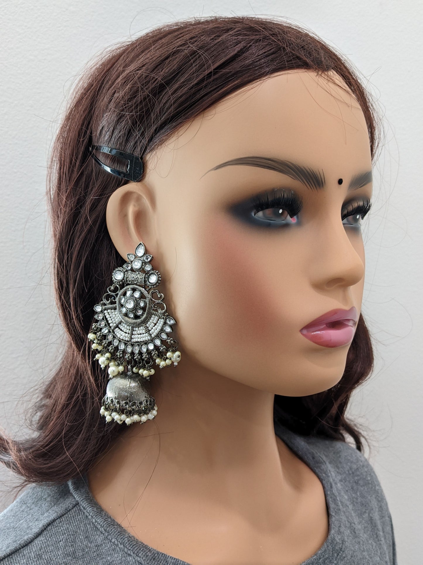 Black rhodium plated XL size jhumka earrings