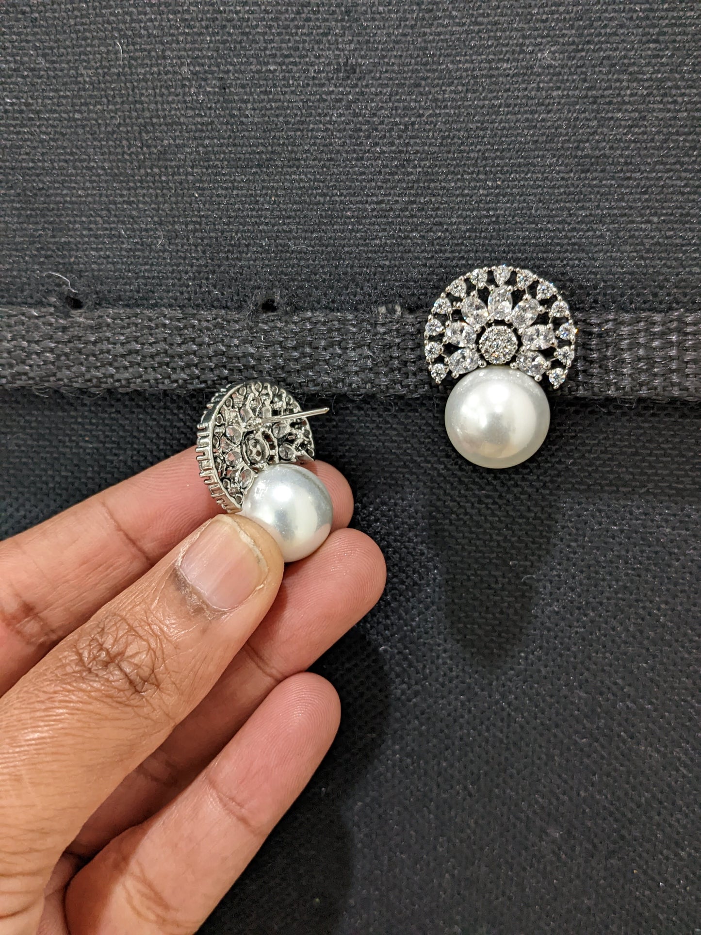 White CZ Faux Pearl Stud Earrings