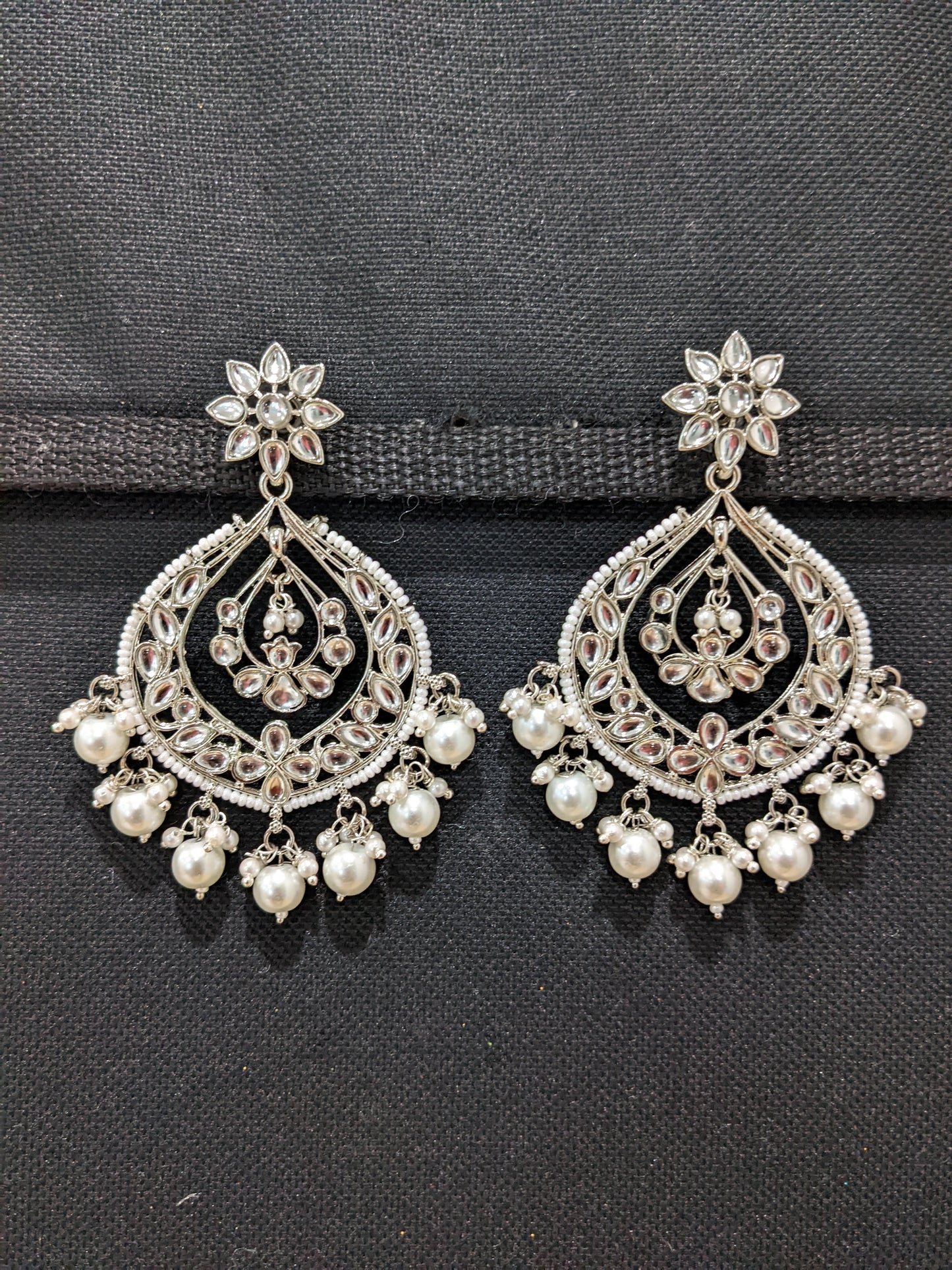 XL size Bright silver plated Kundan stone Chandbali Earrings