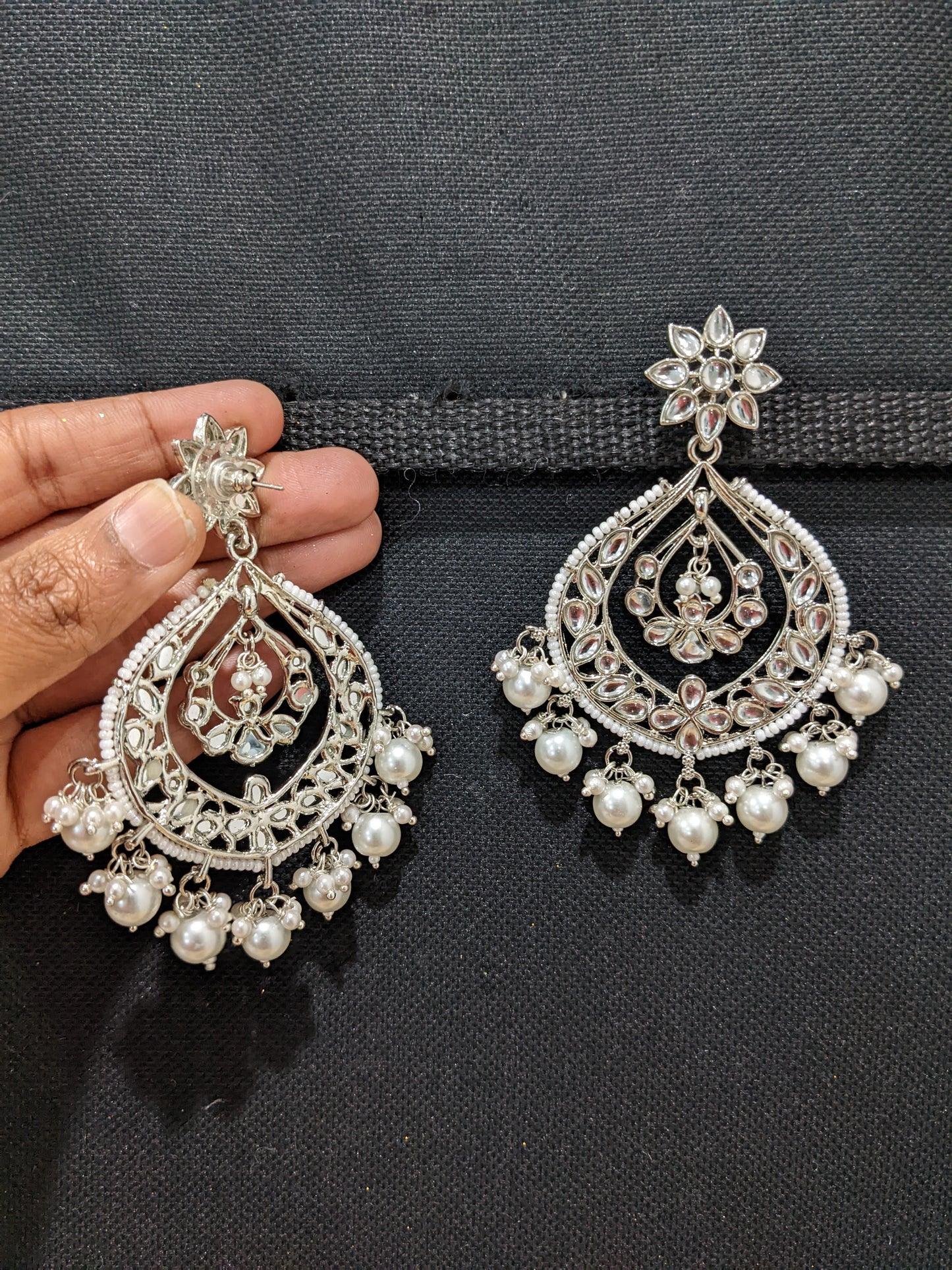 XL size Bright silver plated Kundan stone Chandbali Earrings