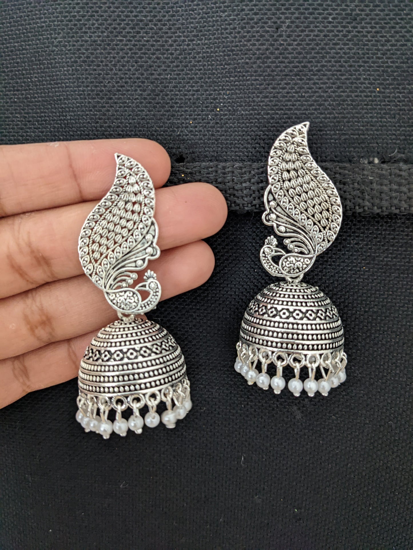 Peacock Oxidized Silver Pearl Jhumka earrings