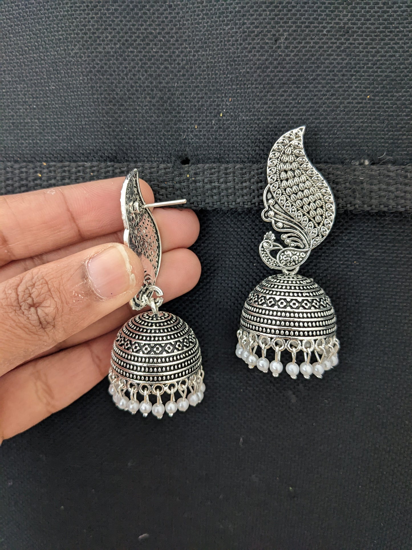Peacock Oxidized Silver Pearl Jhumka earrings