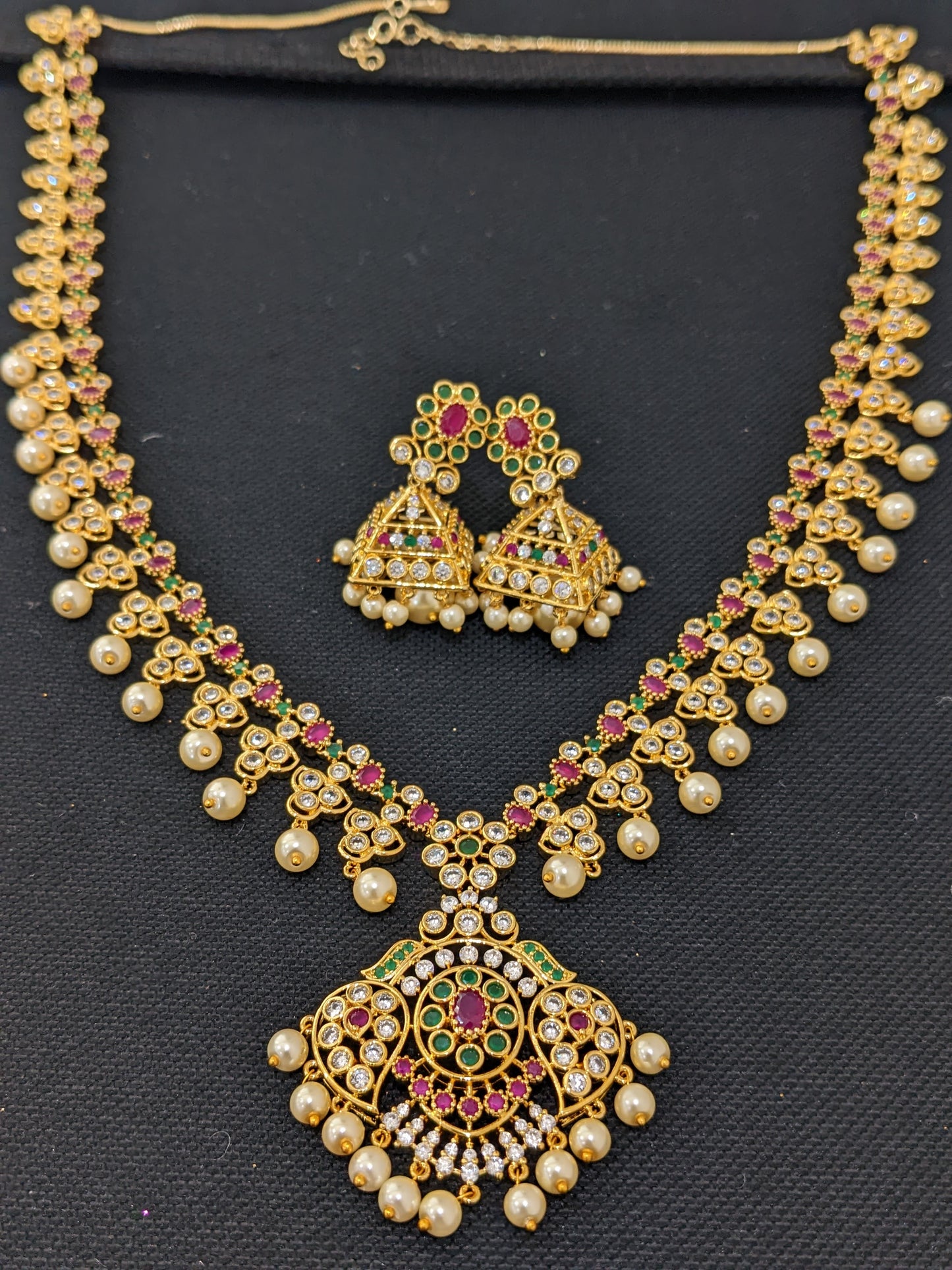 One gram gold plated CZ Long Haram Set - Design 1