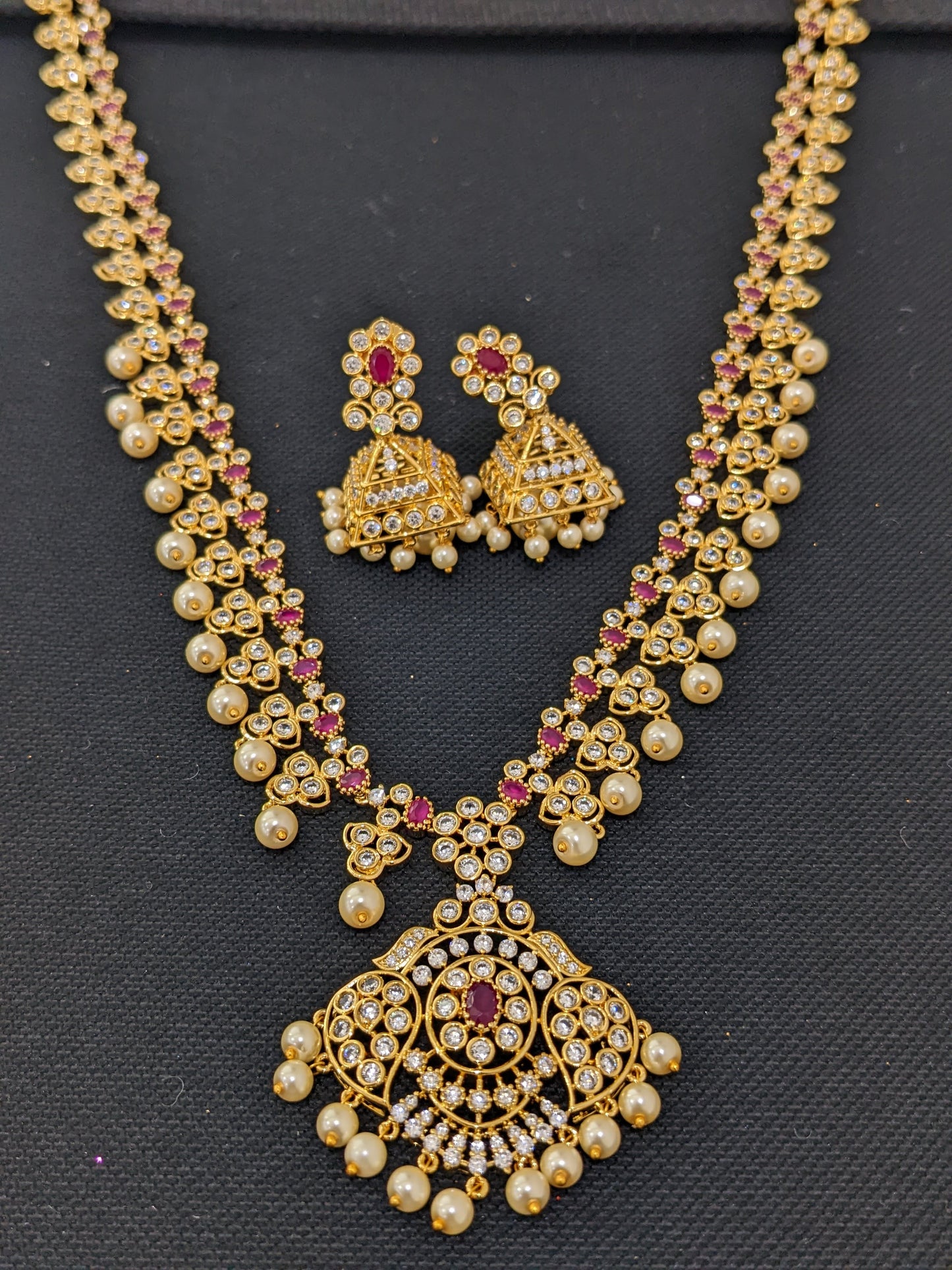 One gram gold plated CZ Long Haram Set - Design 1