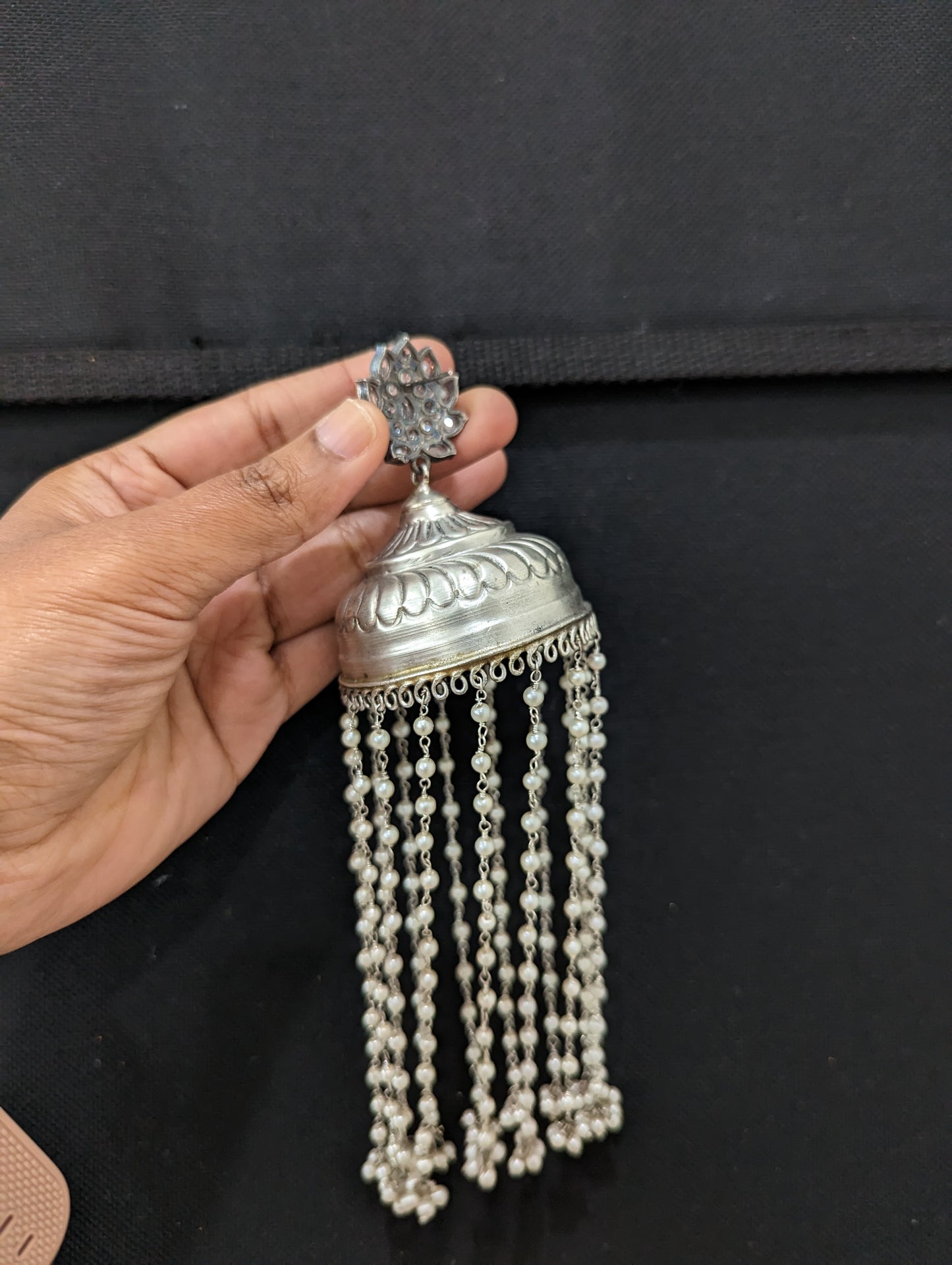 XXL size pearl tassel Long silver jhumka earrings