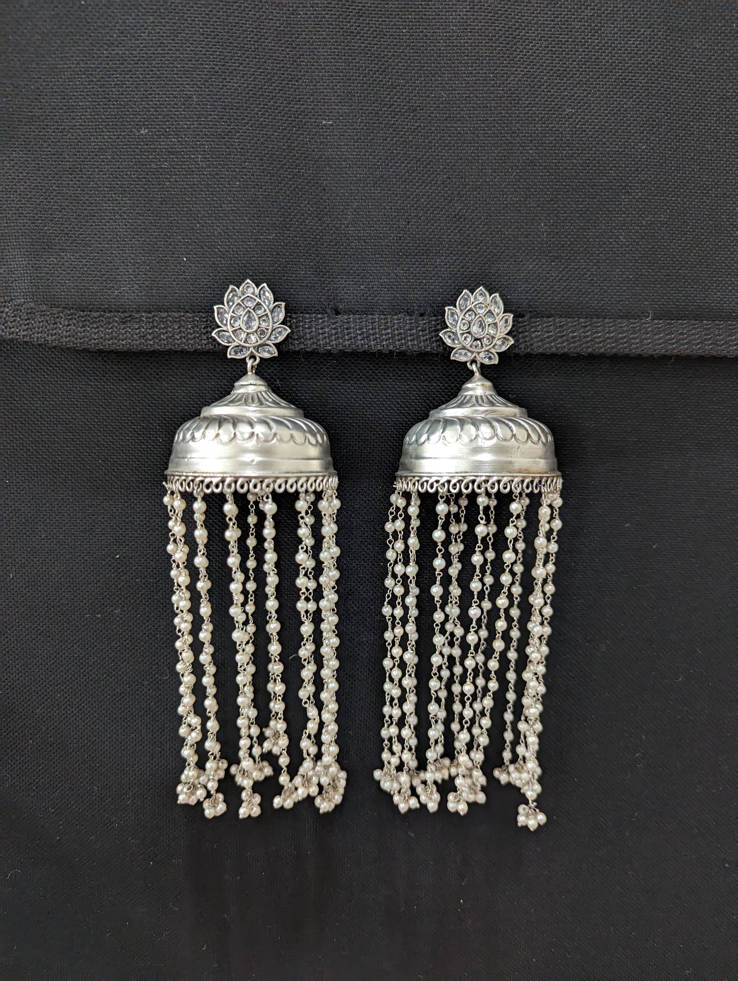XXL size pearl tassel Long silver jhumka earrings