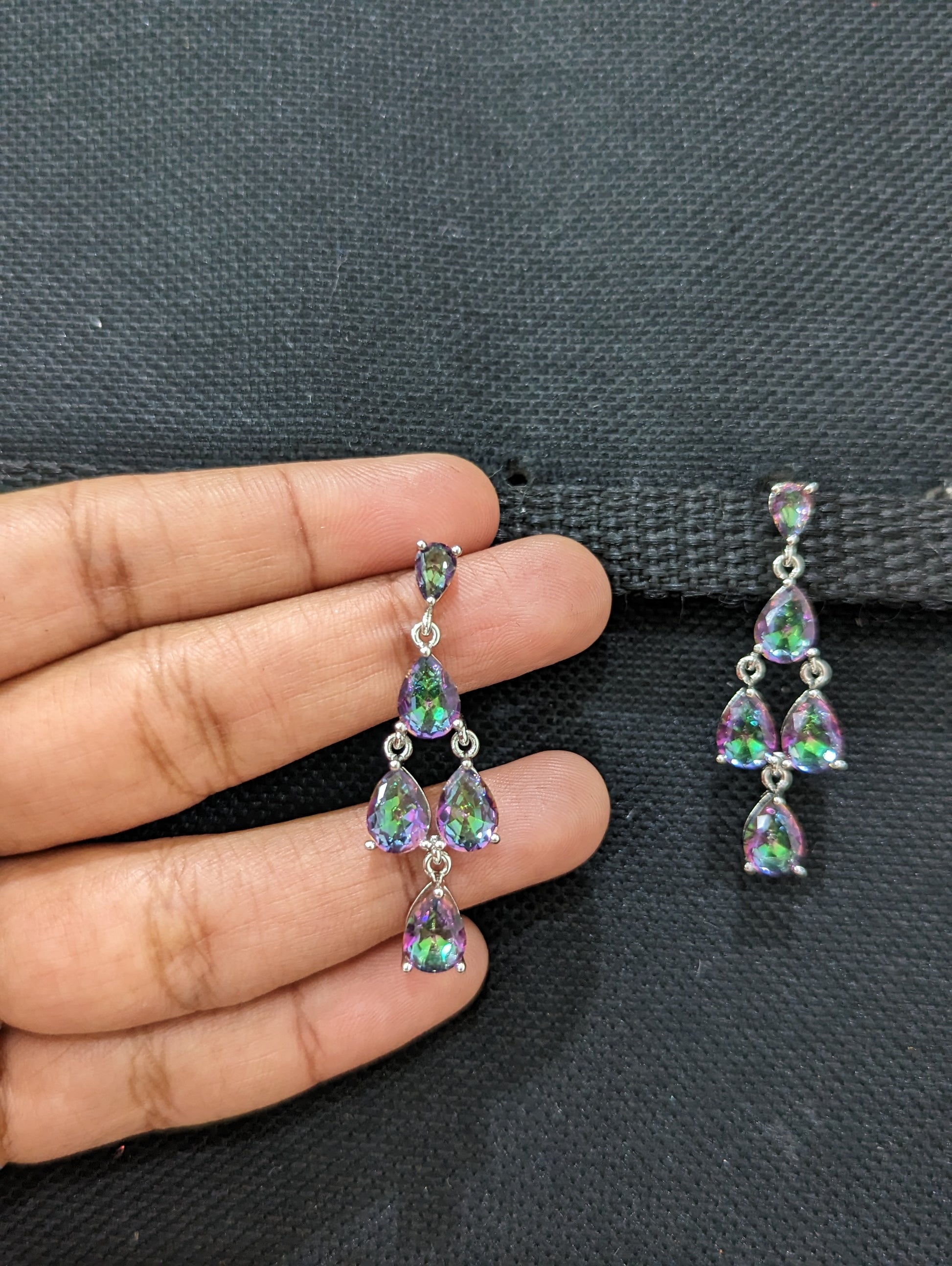 Rainbow tear drop dangling platinum finish party wear earrings - Simpliful