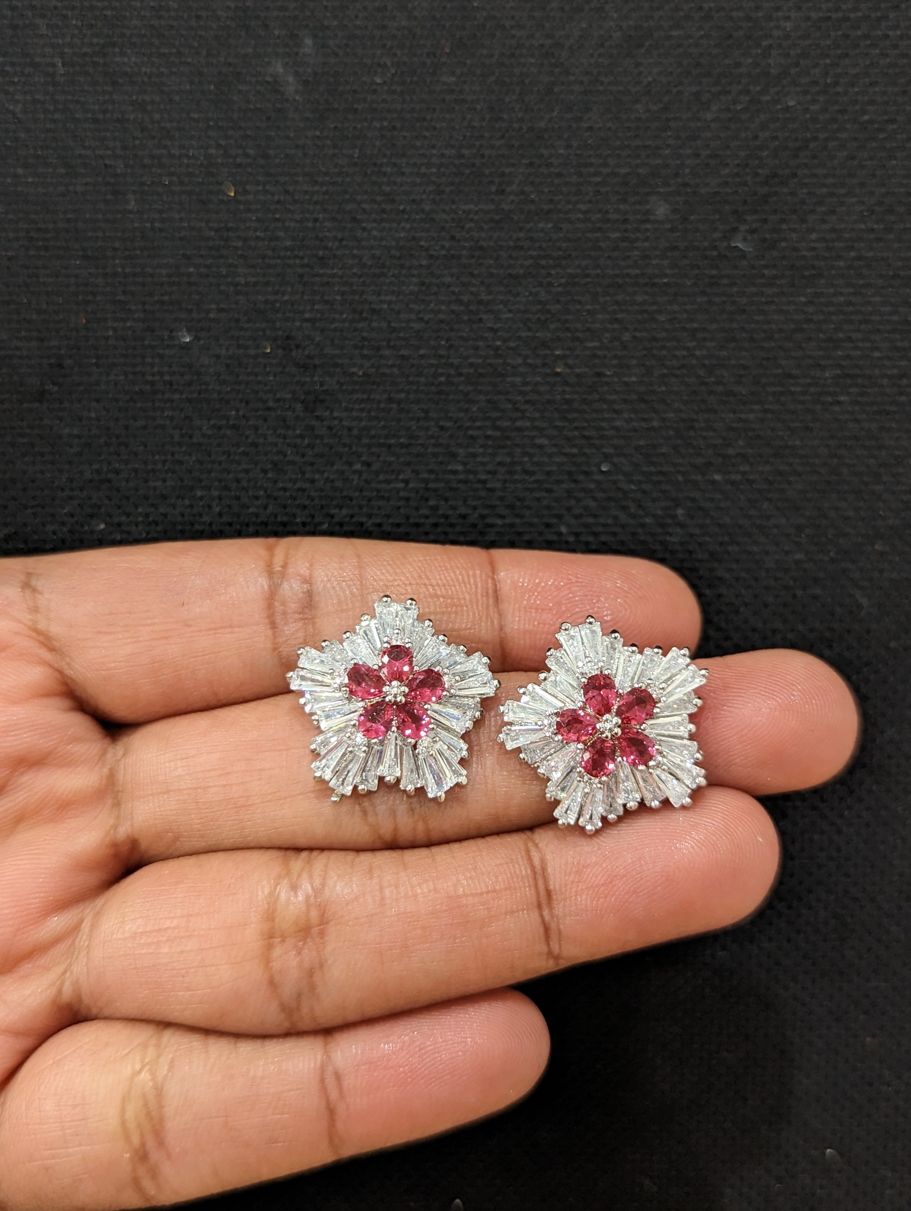 Fancy Flower Design Ruby White Stone Stud Earrings For Ladies ER2327