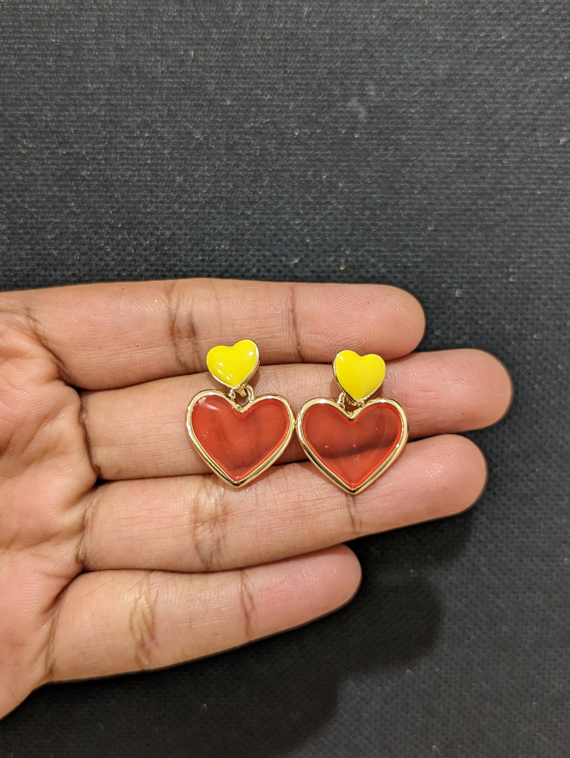 Heart design enamel work stud with transparent resin sheet filled dangle earring - Simpliful