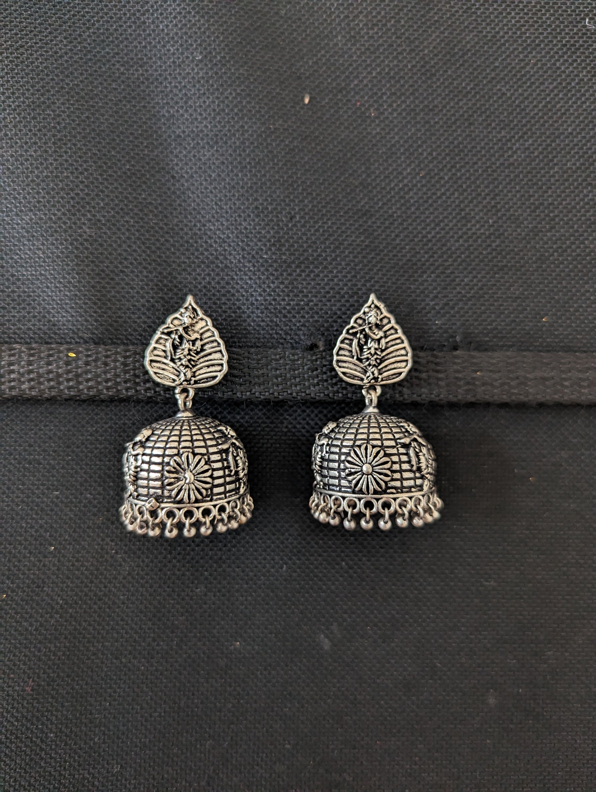 Oxidized silver God theme Jhumka Earrings - 5 designs - Simpliful