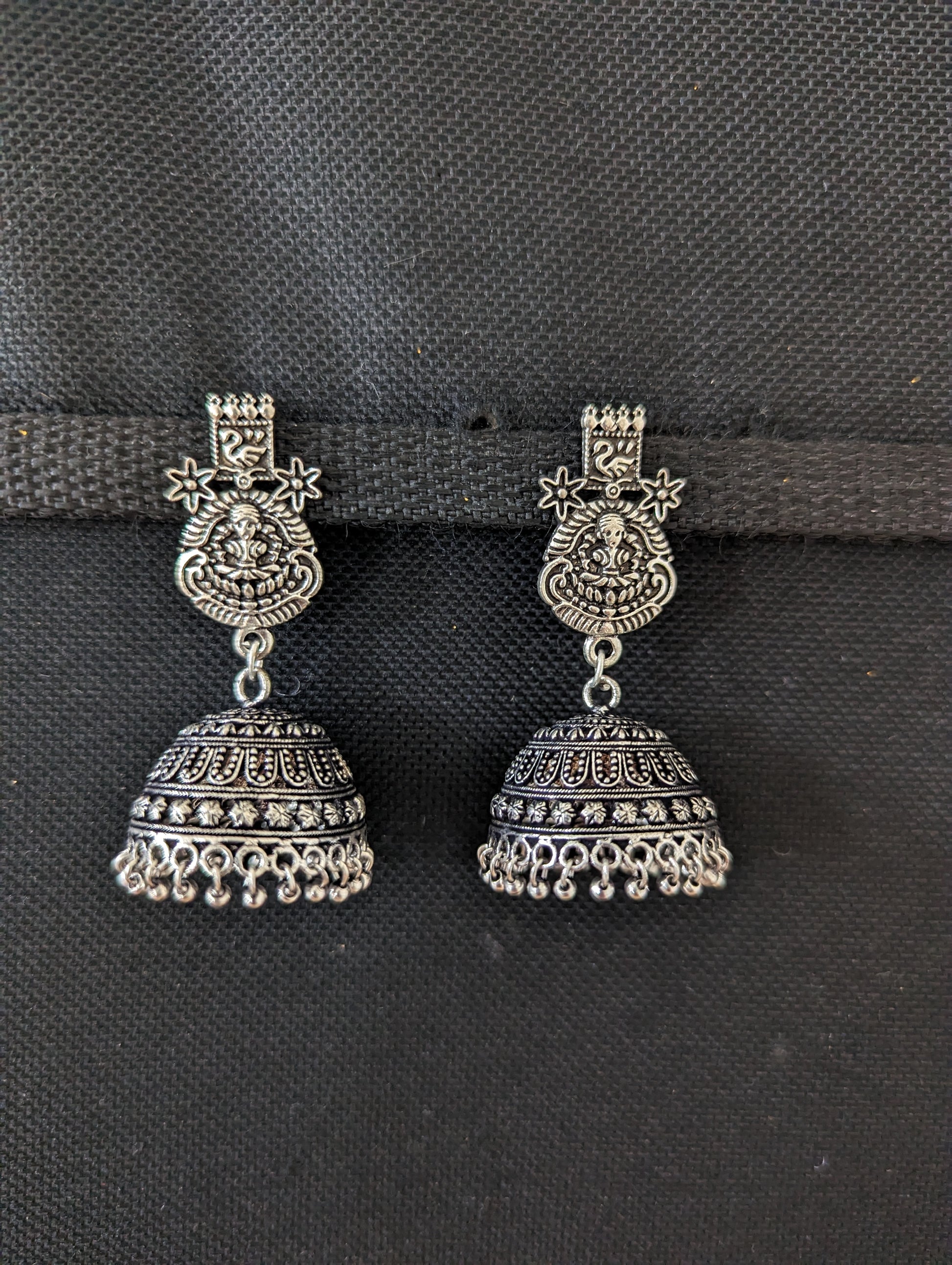 Oxidized silver God theme Jhumka Earrings - 5 designs - Simpliful