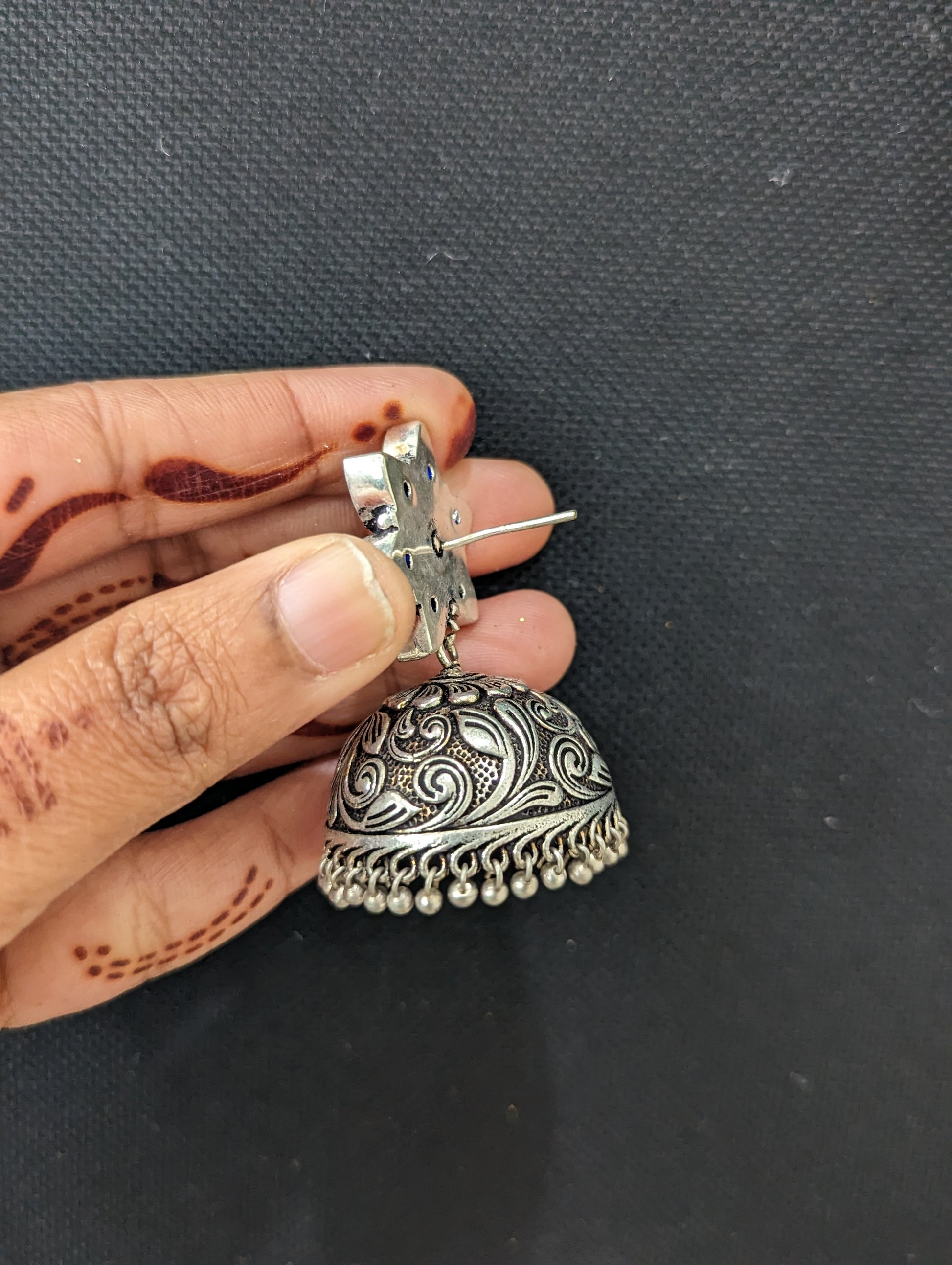 Star stud CZ Oxidized Silver Large Jhumka Earrings - Simpliful