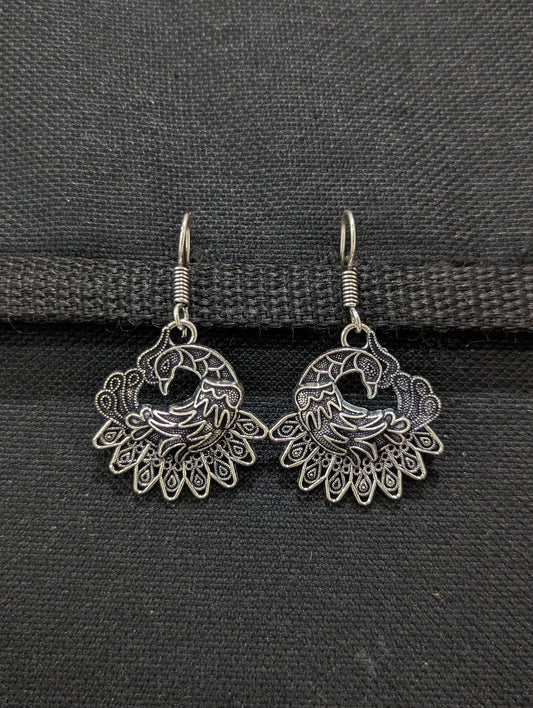Oxidized Silver Peacock Hook Earrings