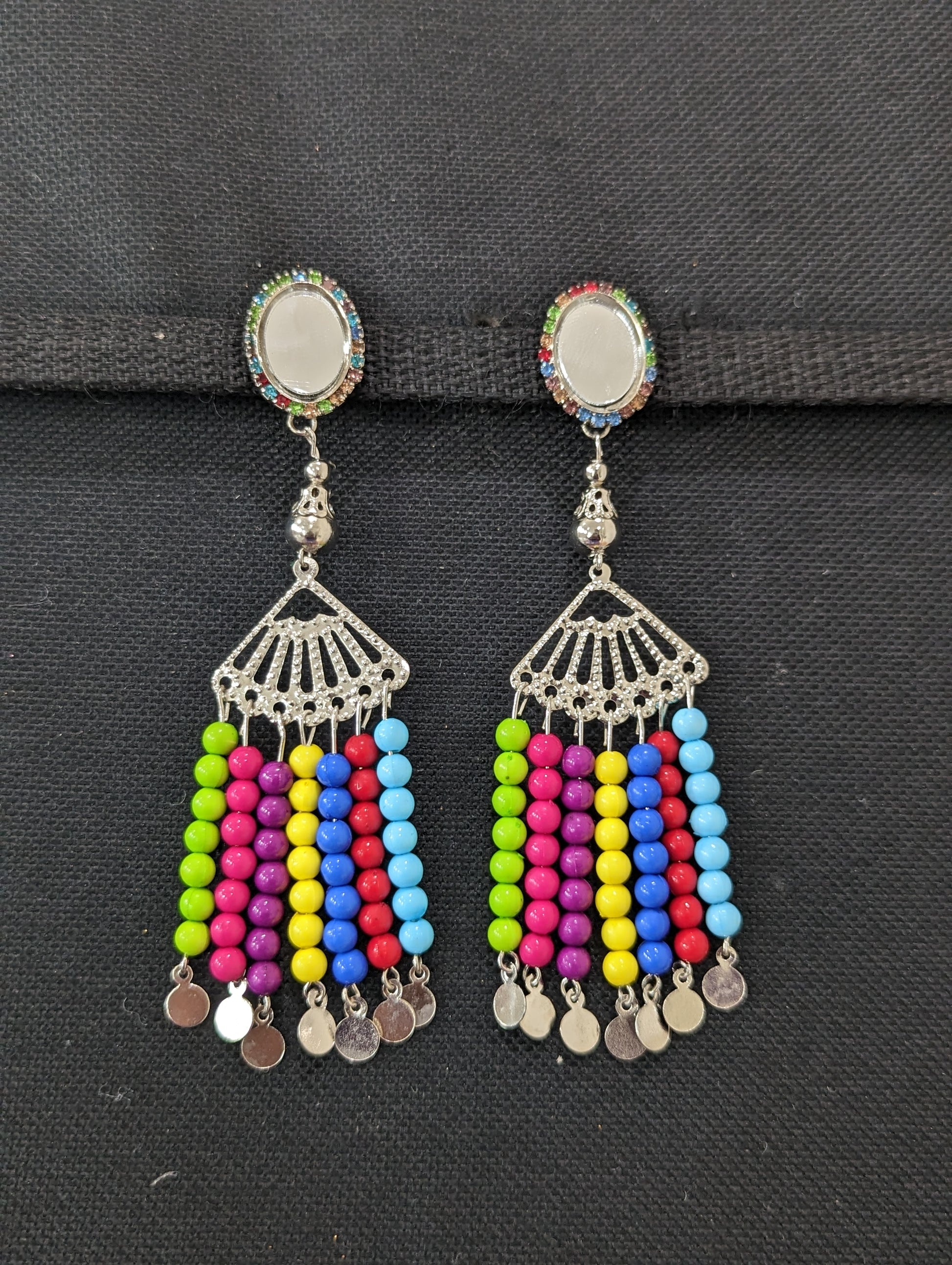 Colorful bead dangling Shoulder length Mirror earrings - Simpliful